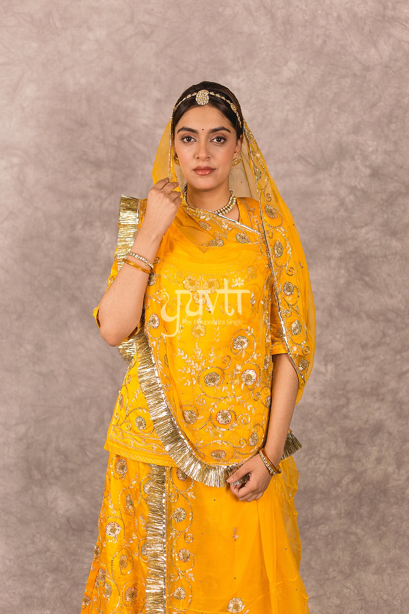 Yellow Aari Sequins Salma Jaal work Bamber satin Rajputi Poshak