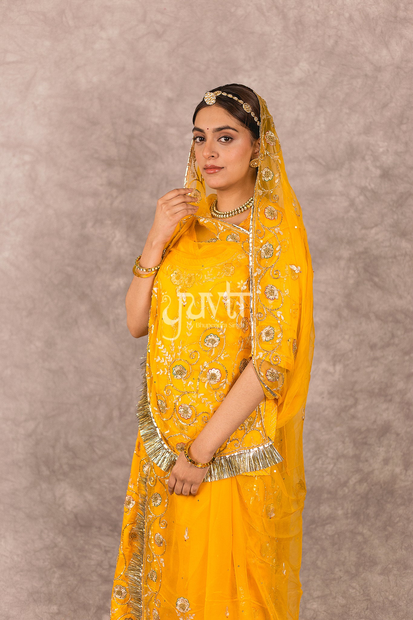 Yellow Aari Sequins Salma Jaal work Bamber satin Rajputi Poshak