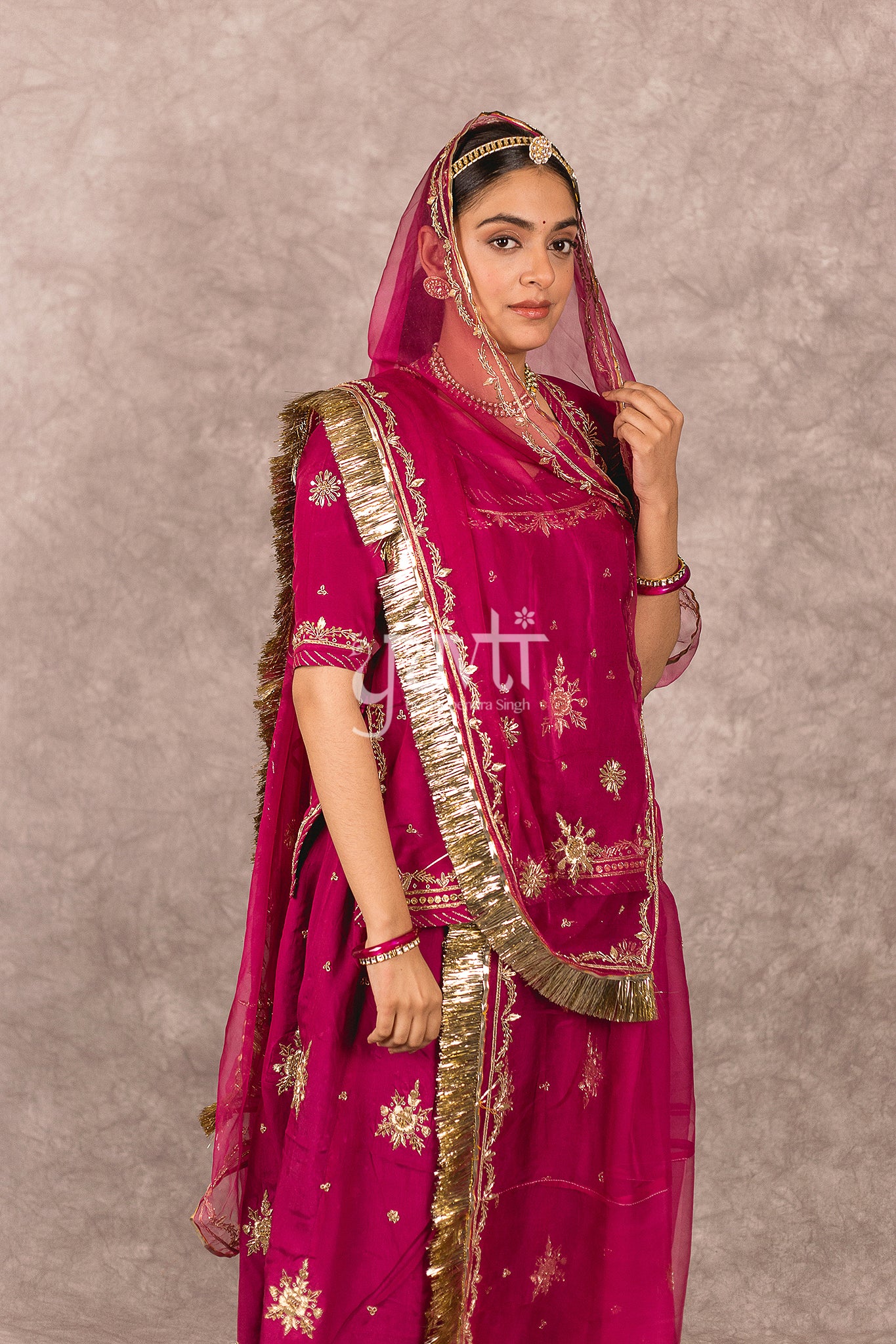 Wine Bamber Satin Zardosi Boota Work Rajputi Poshak