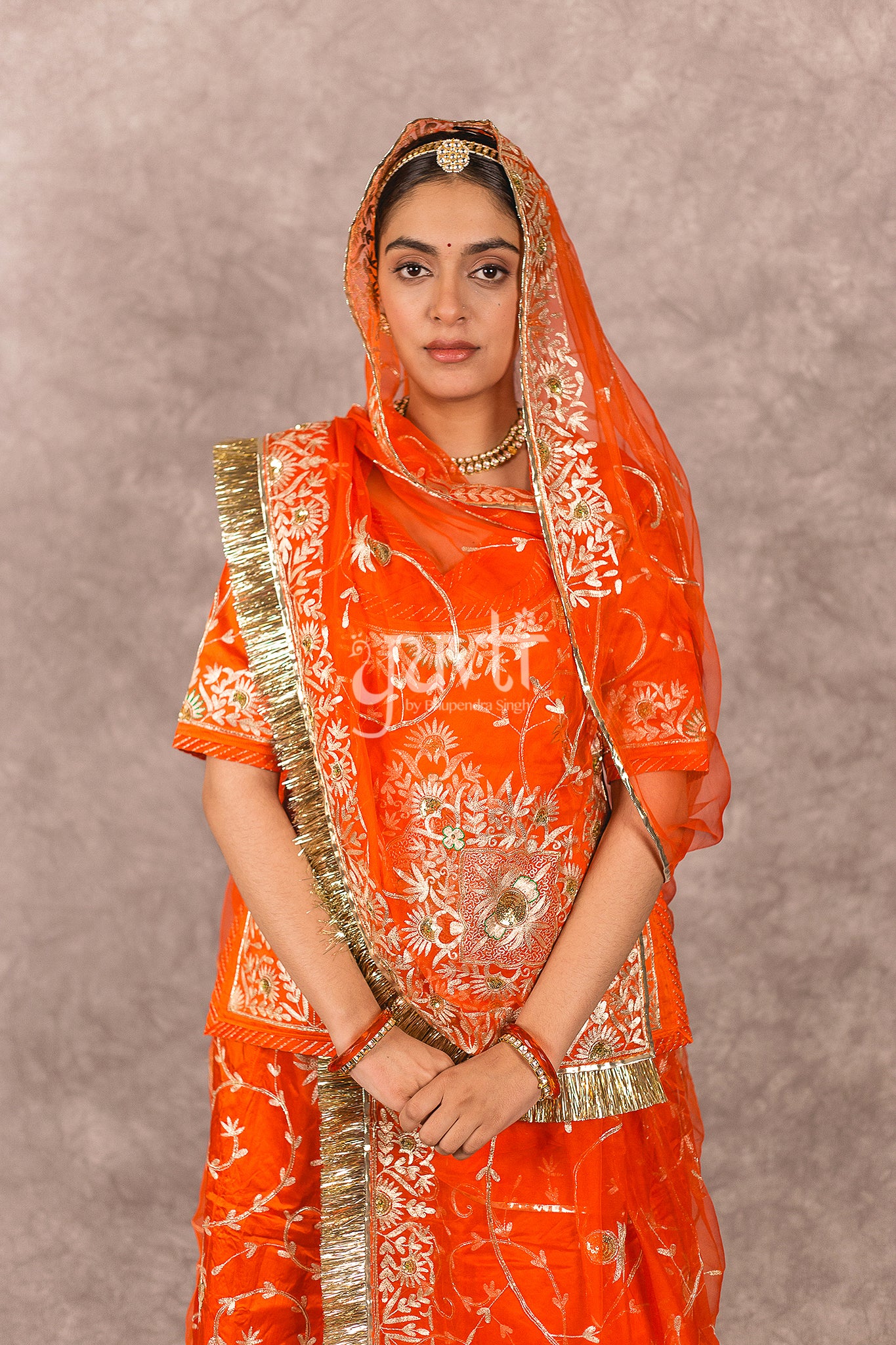 Orange bamber satin Aari Zardosi Handwork Rajputi Poshak with Pure odhna