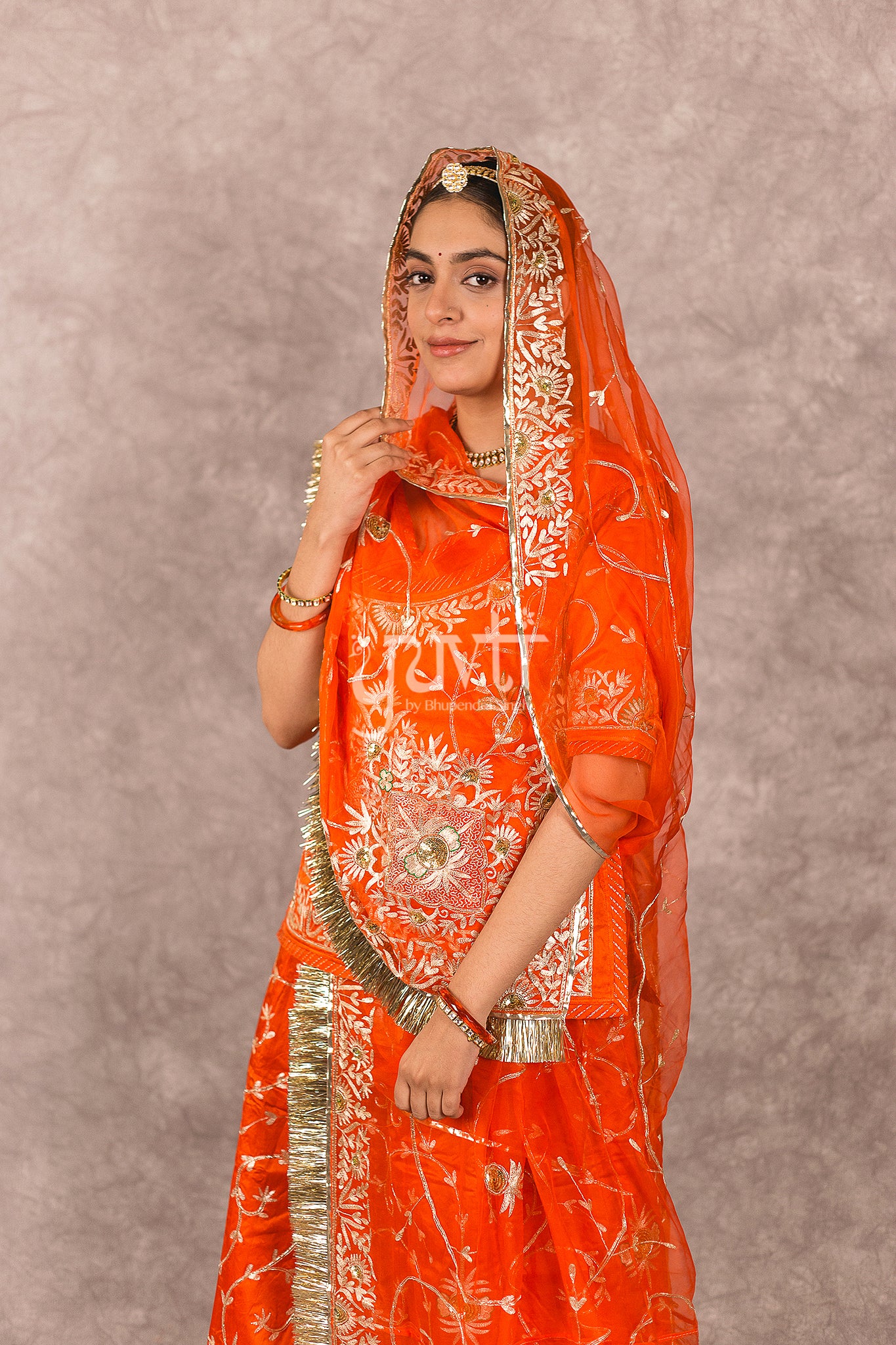 Orange bamber satin Aari Zardosi Handwork Rajputi Poshak with Pure odhna