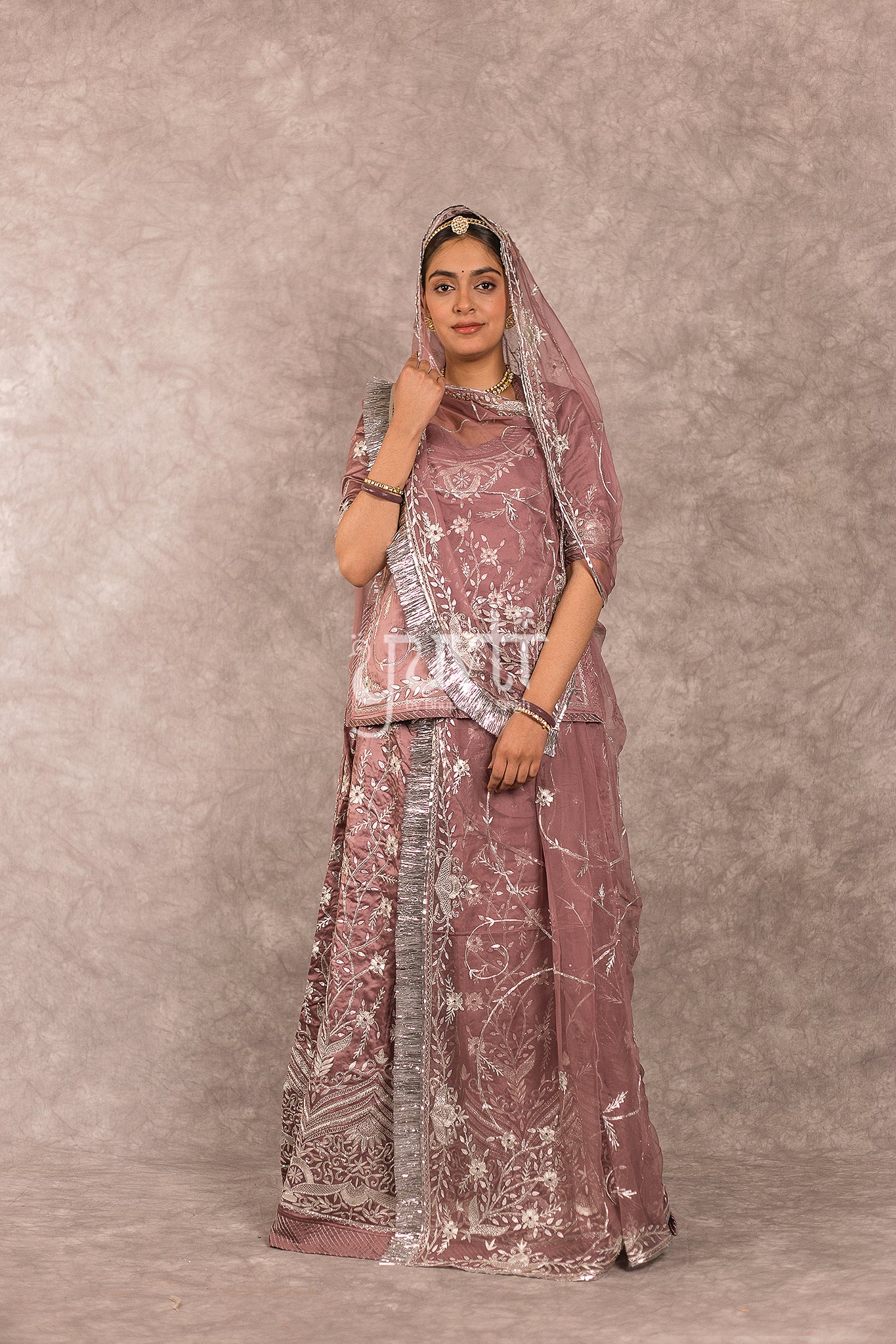 Brown Bamber Satin Aari Salma Jaal work Rajputi Poshak