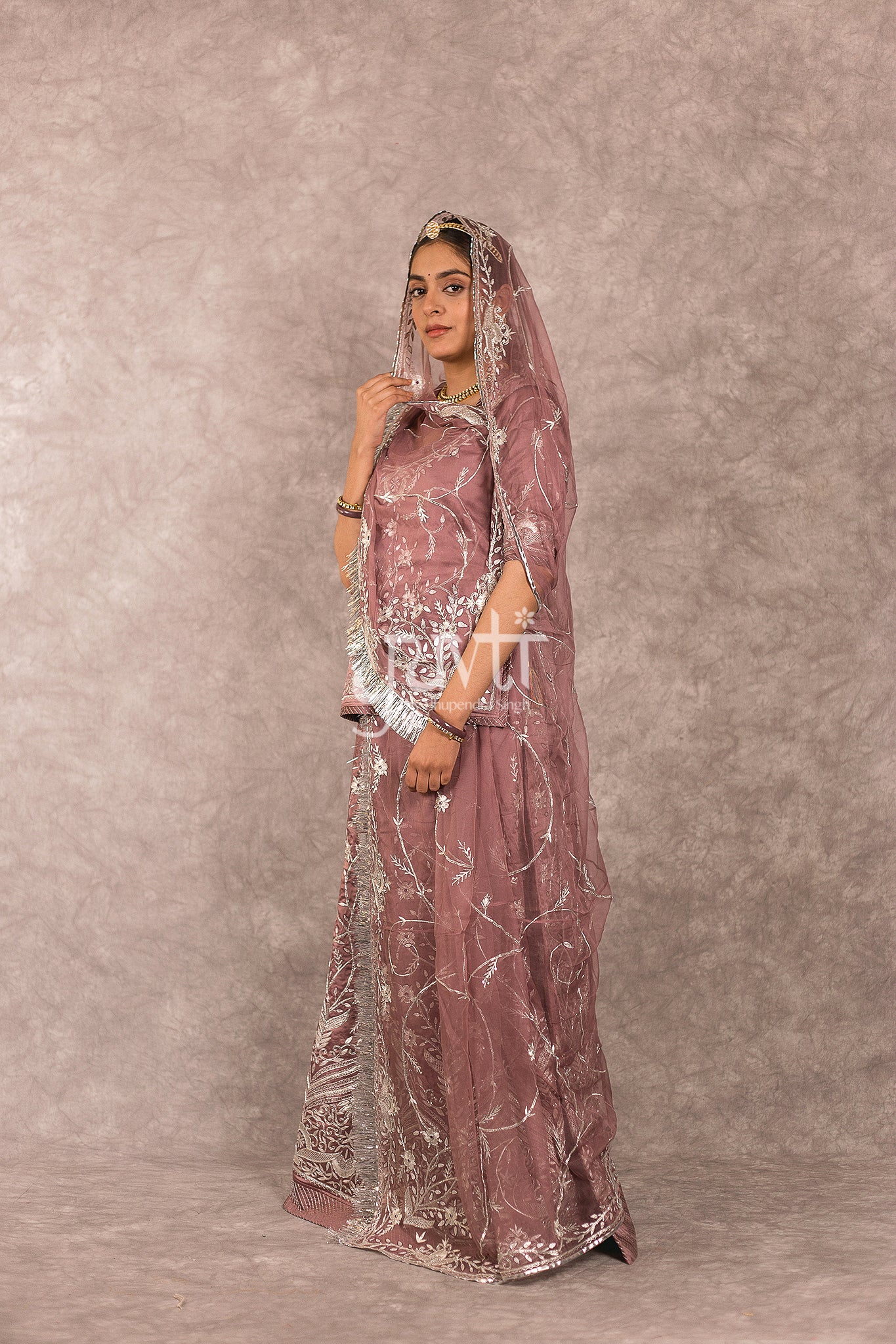 Brown Bamber Satin Aari Salma Jaal work Rajputi Poshak