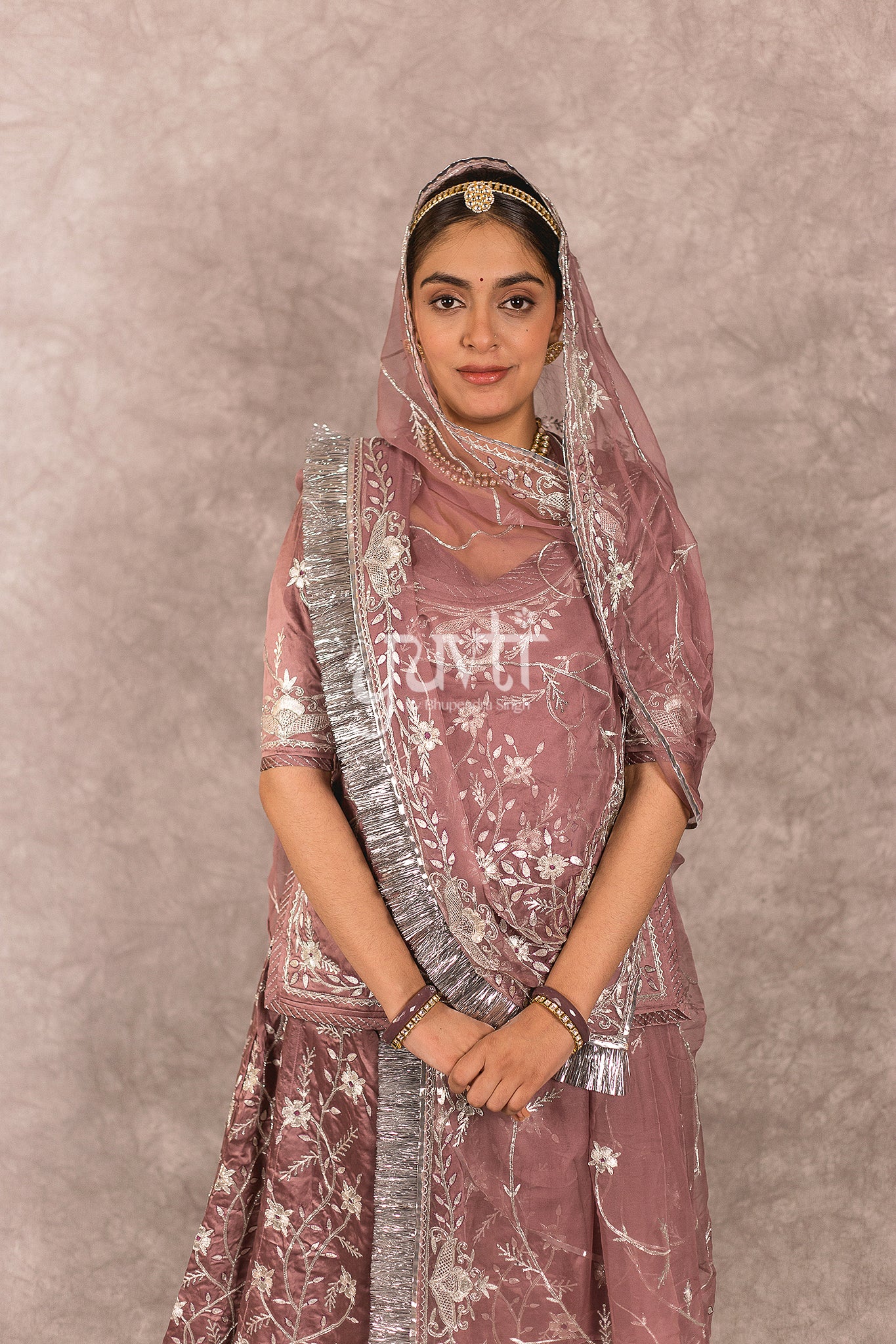 Brown Bamber Satin Aari Salma Jaal work Rajputi Poshak