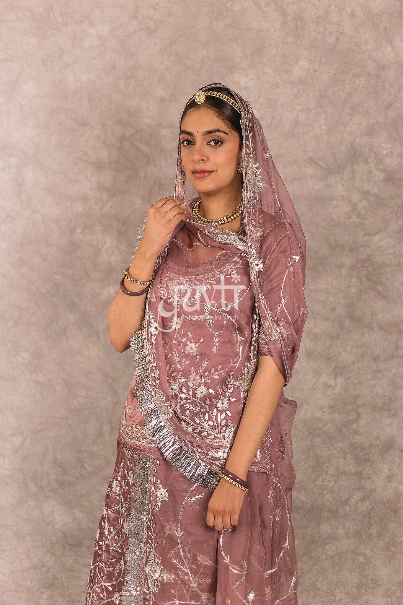 Brown Bamber Satin Aari Salma Jaal work Rajputi Poshak