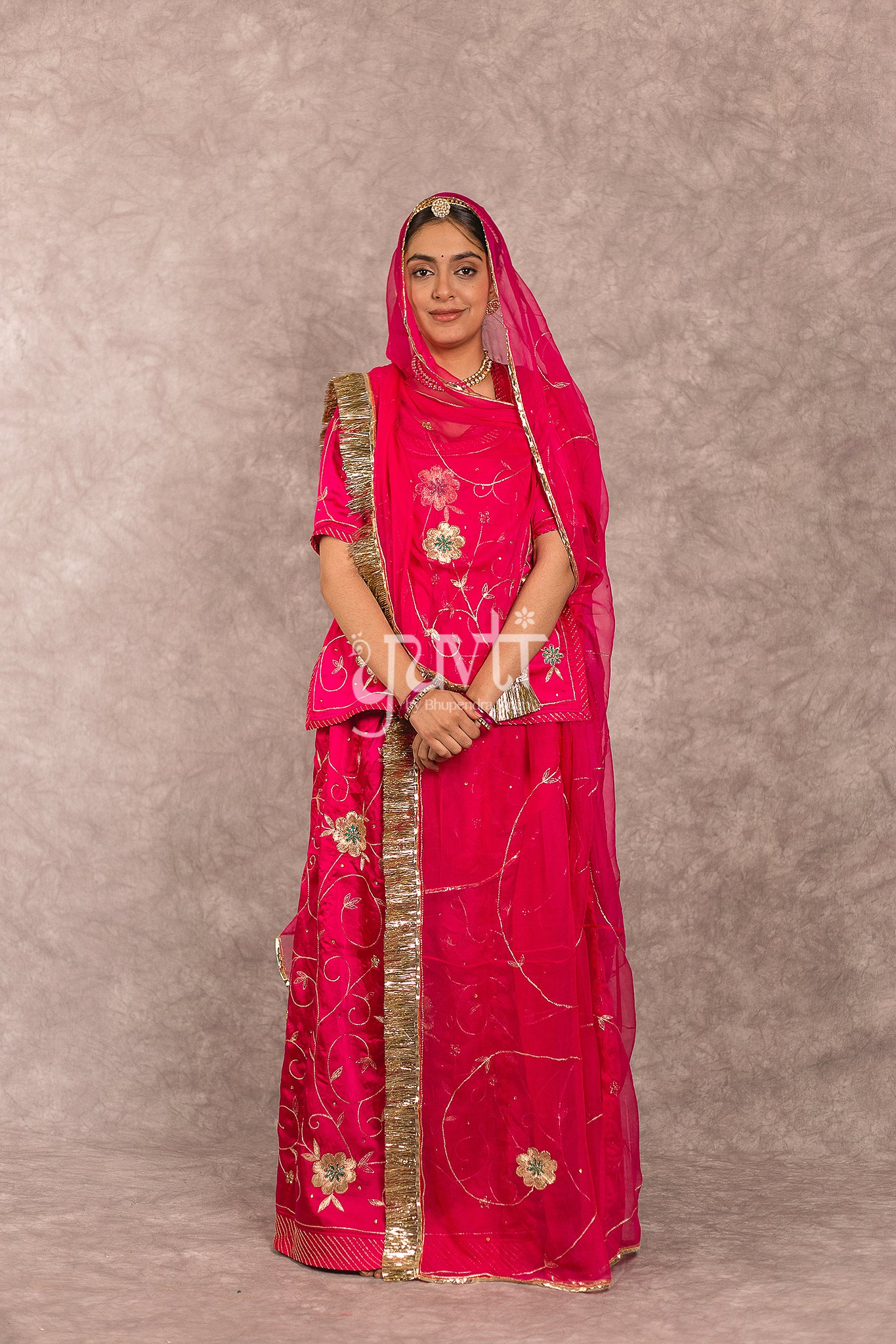 Rani Pink Bamber Satin Aari Sequins handwork Rajputi Poshak