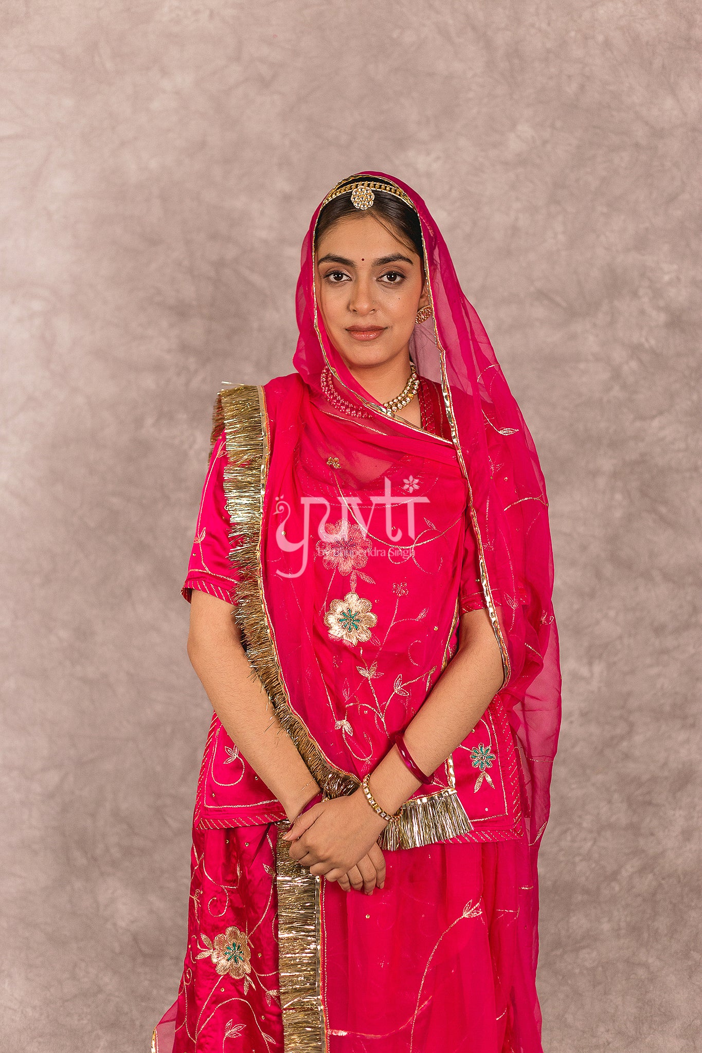 Rani Pink Bamber Satin Aari Sequins handwork Rajputi Poshak