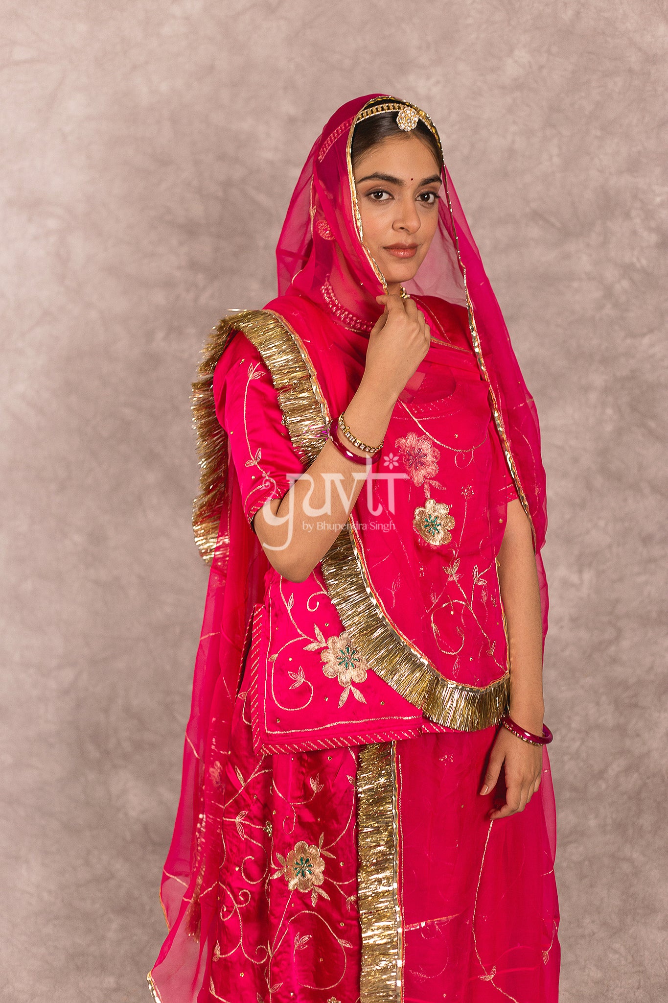 Rani Pink Bamber Satin Aari Sequins handwork Rajputi Poshak