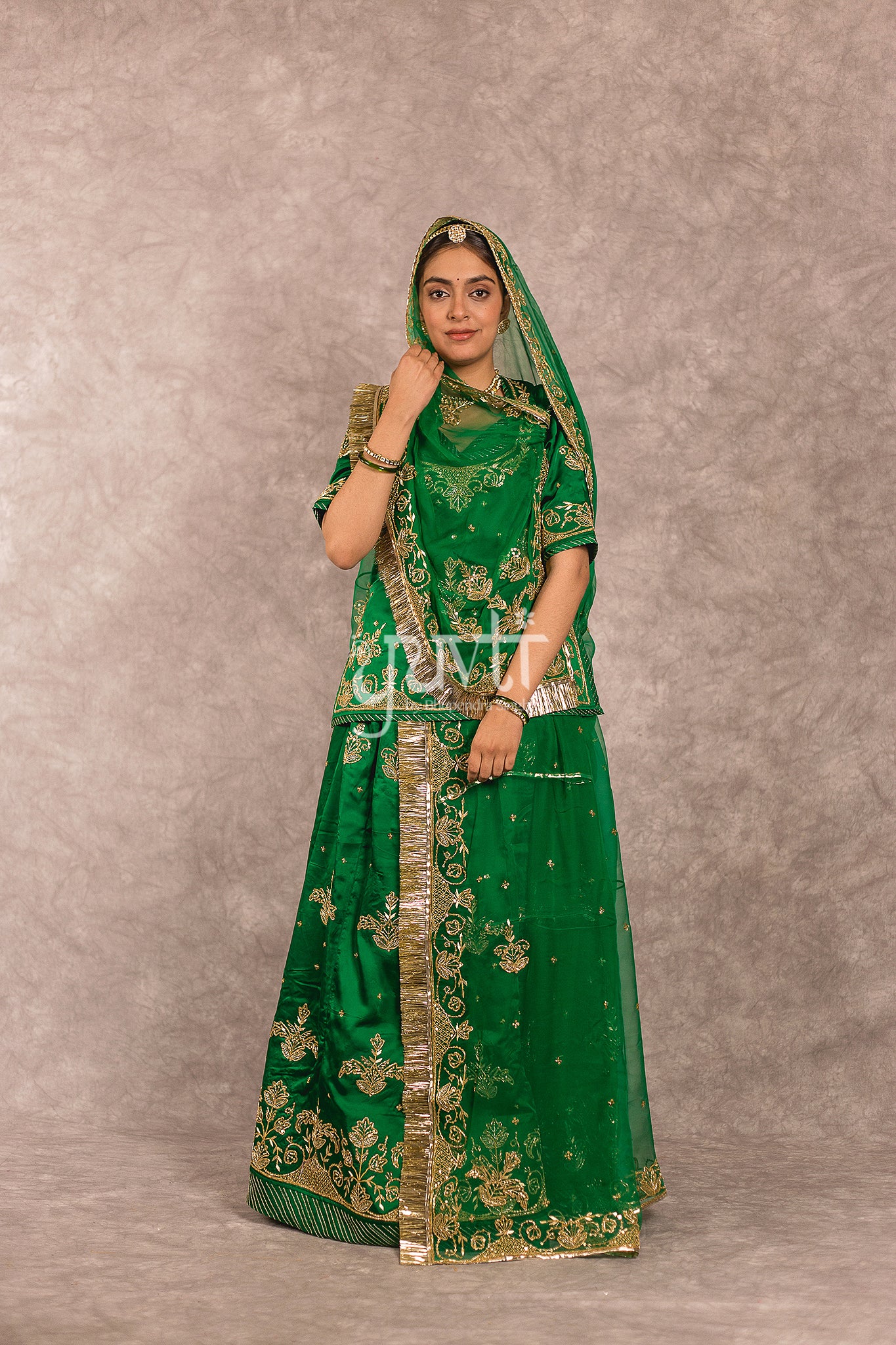 Green Bamber Satin Salma Dabka Work Rajputi Poshak