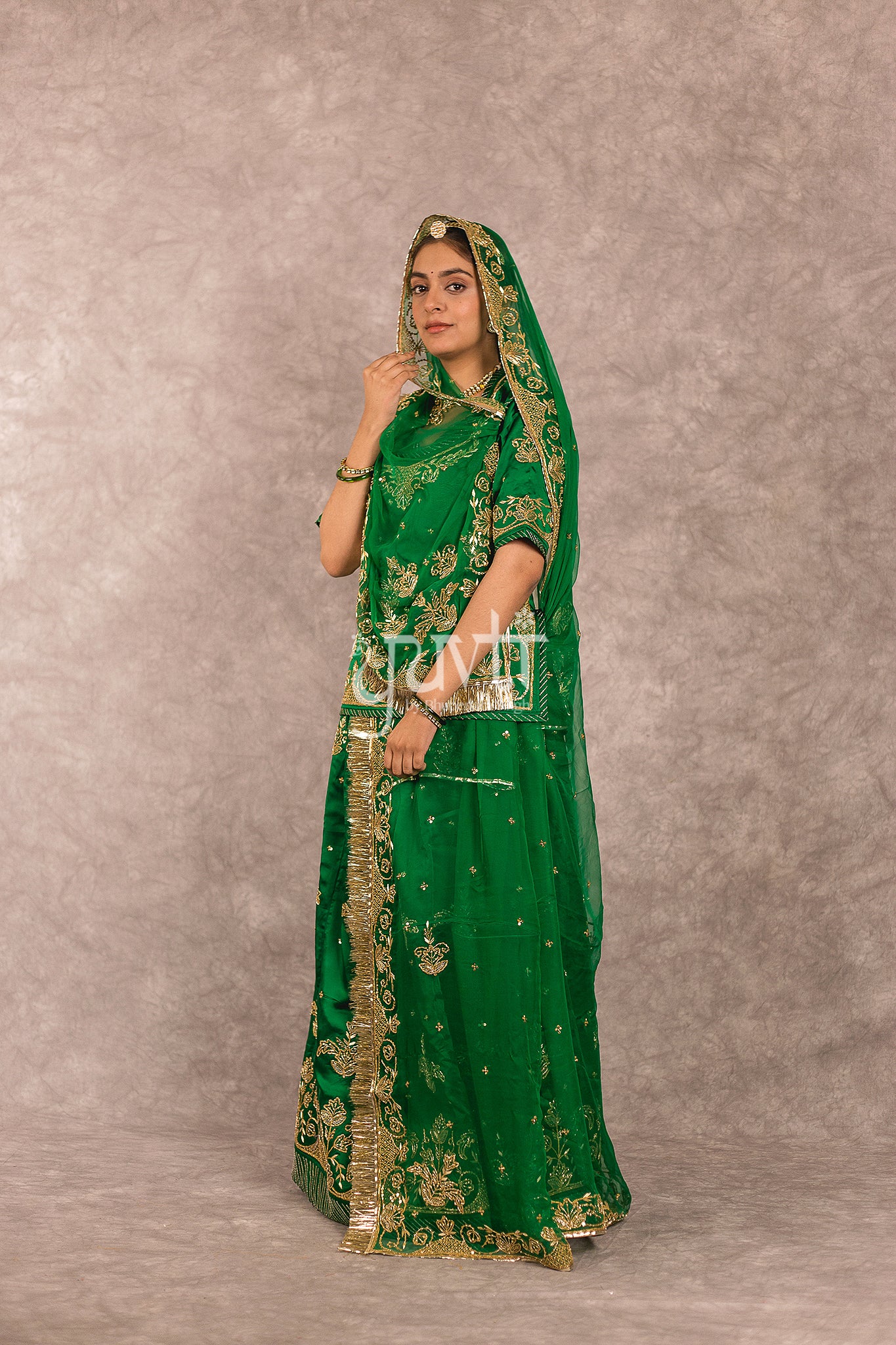 Green Bamber Satin Salma Dabka Work Rajputi Poshak