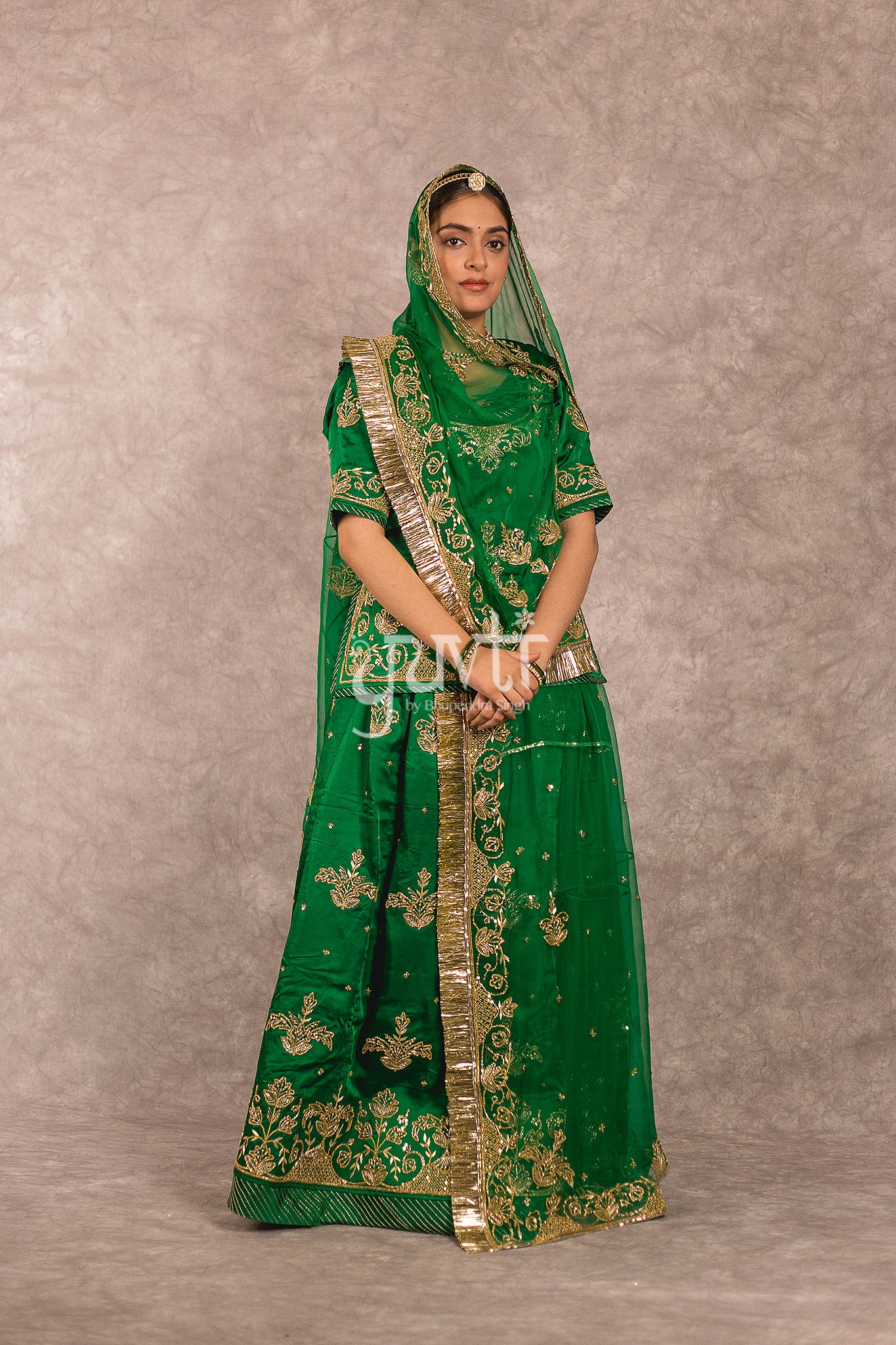 Green Bamber Satin Salma Dabka Work Rajputi Poshak