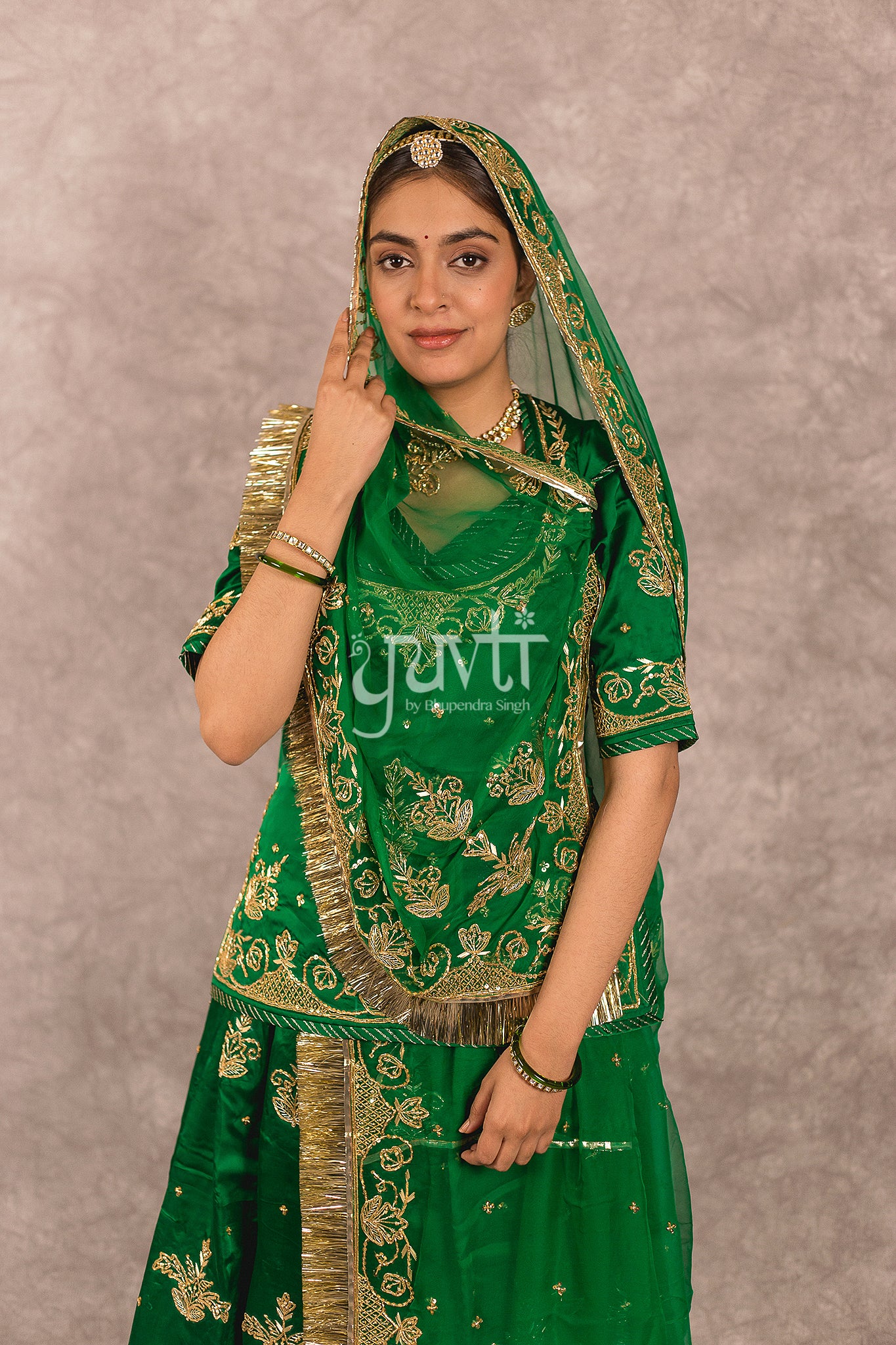 Green Bamber Satin Salma Dabka Work Rajputi Poshak