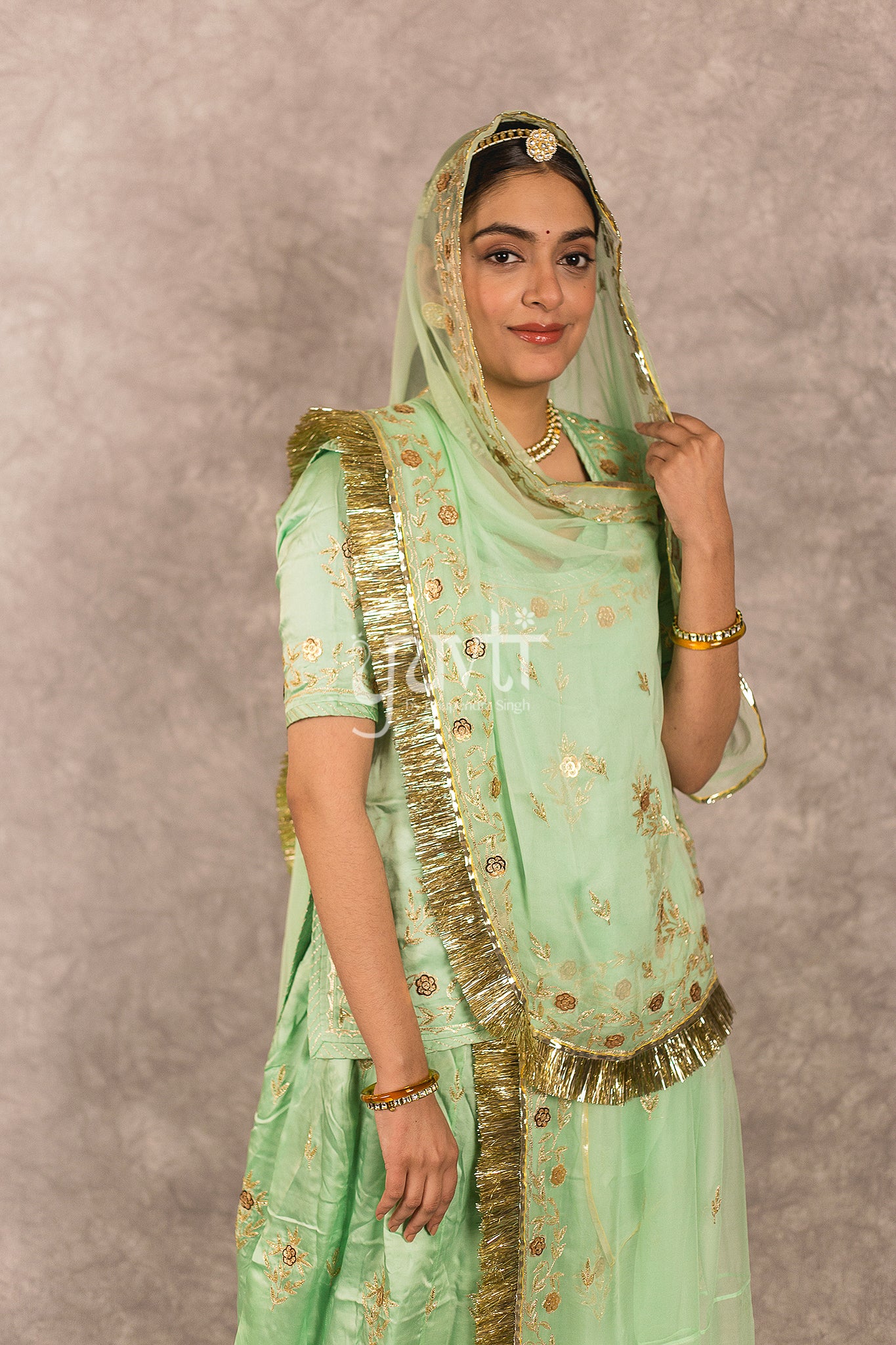 Green Bamber Satin Zari Sequins Work Rajputi Poshak