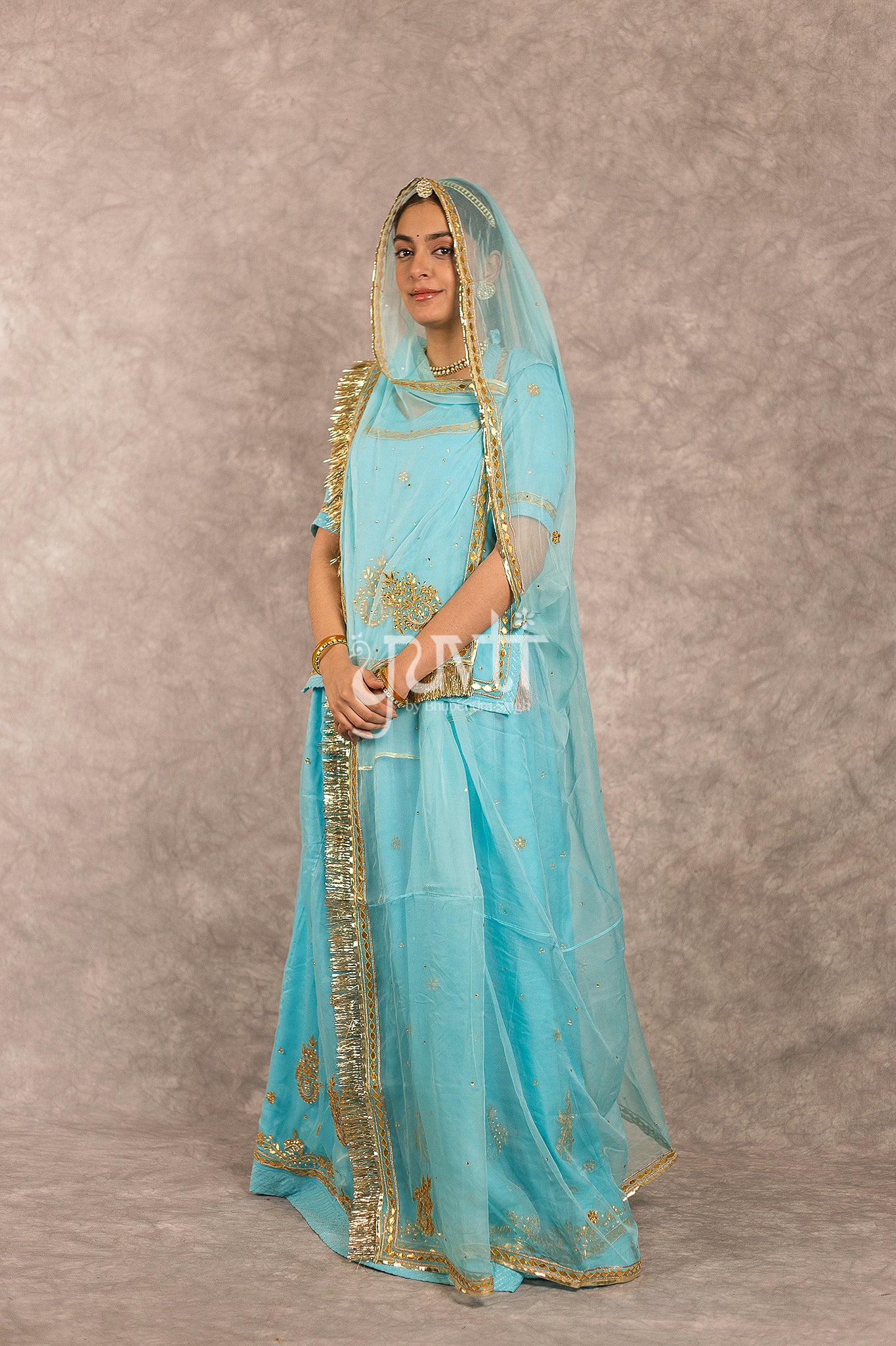Sky Blue Pure Georgette Gota Patti Work Rajputi Poshak