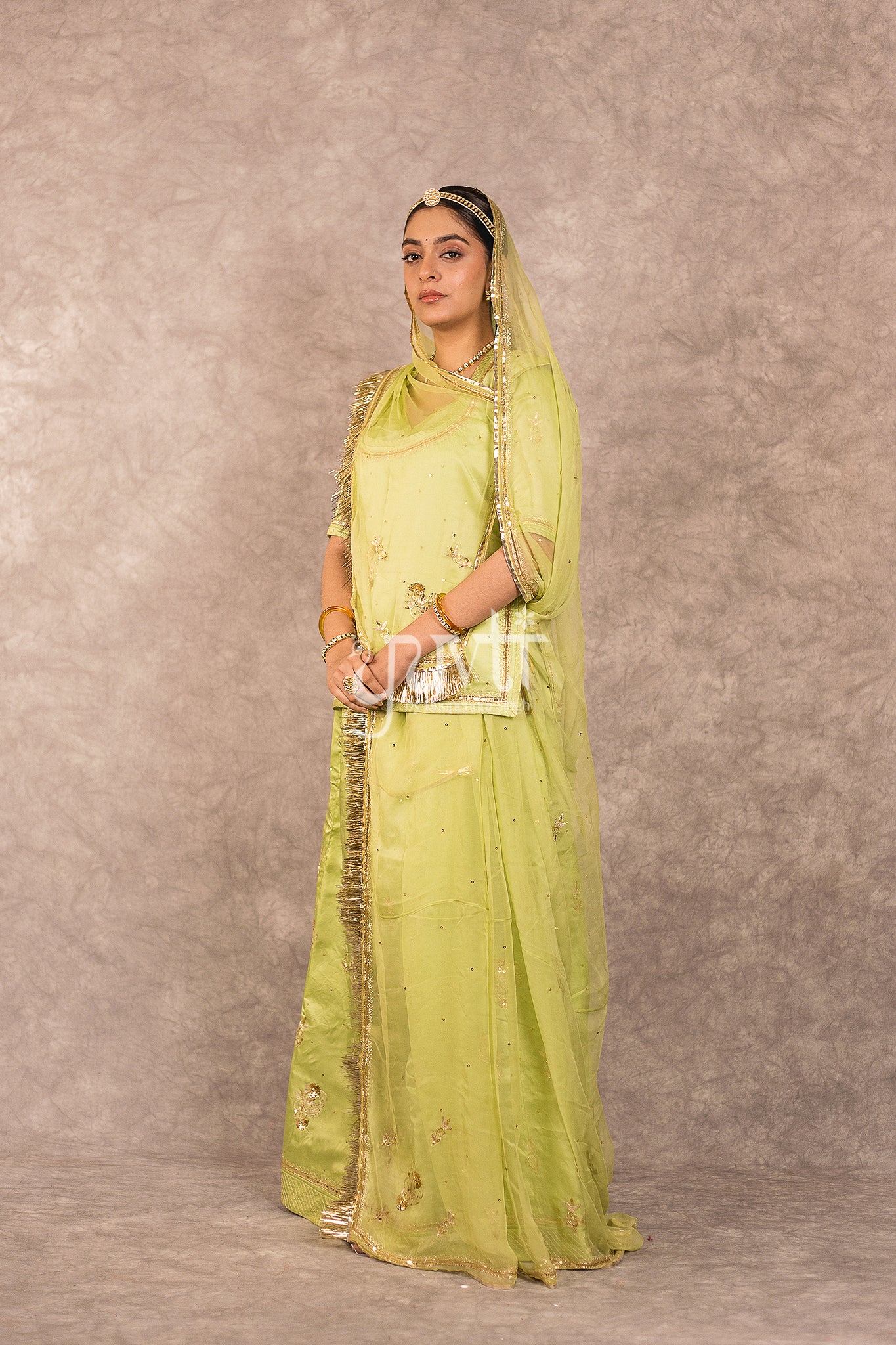 Green Bamber Satin Aari Sequins Work Rajputi Poshak