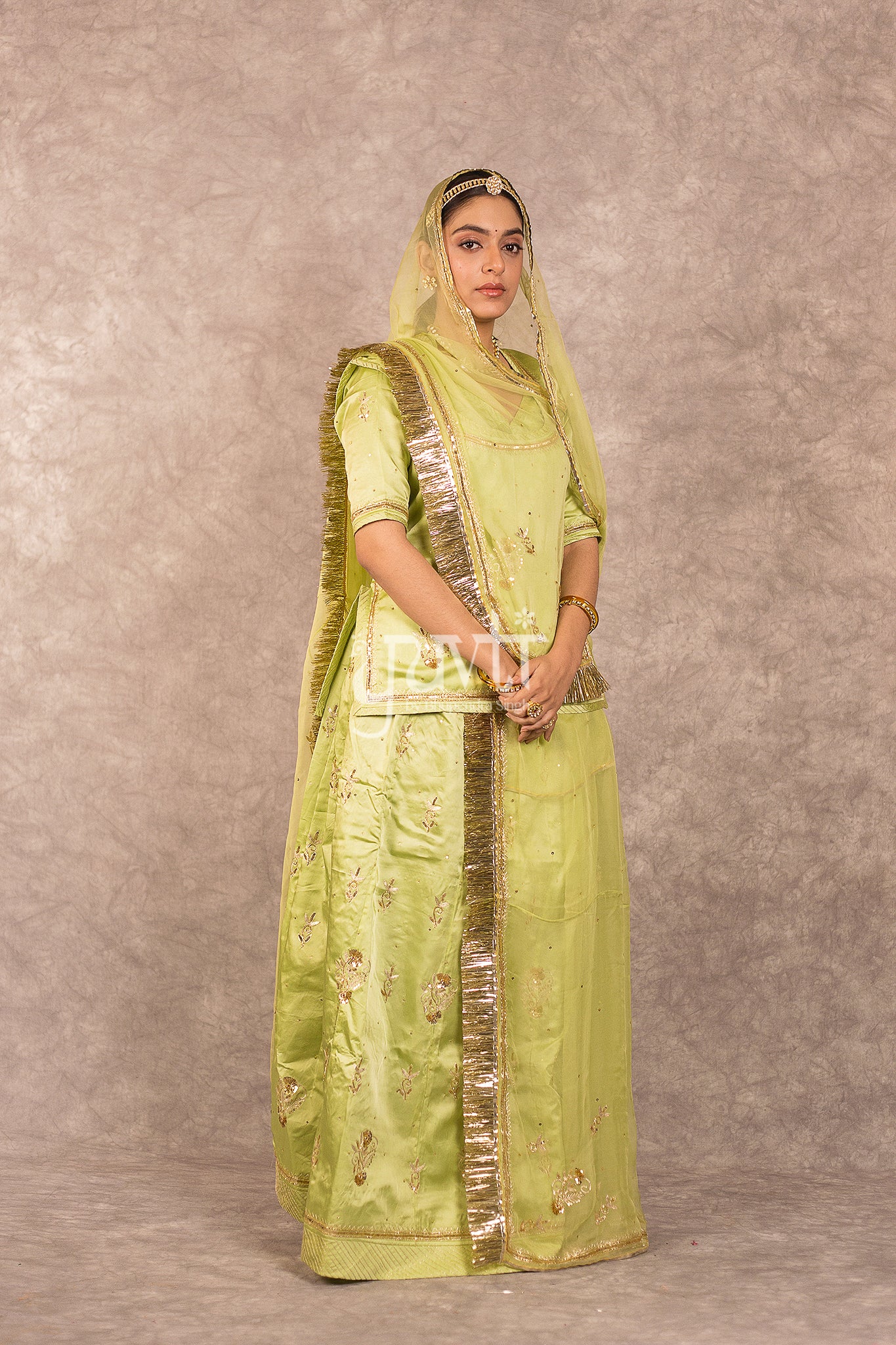 Green Bamber Satin Aari Sequins Work Rajputi Poshak