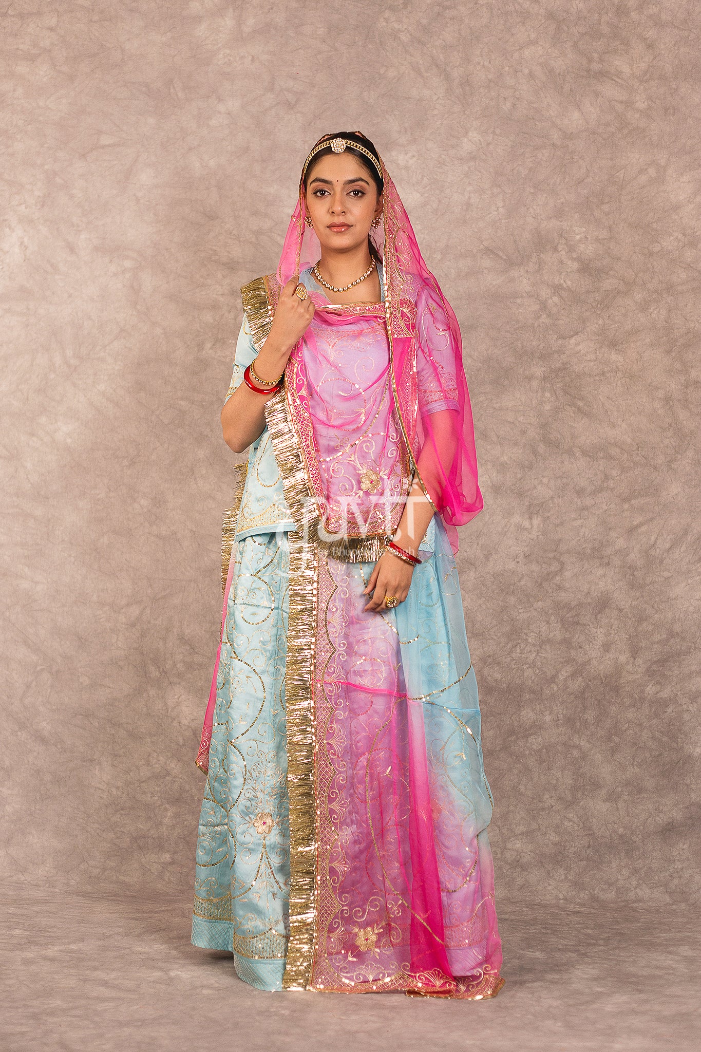 Sky Blue Bamber Satin Aari Sequins Jaal Work Rajputi Poshk with Multi Shaded Odhana