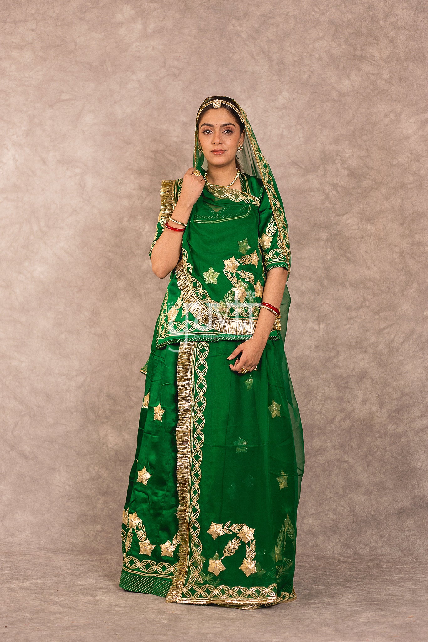 Green Bamber Satin Sikhiya Gota Work Rajputi Poshak