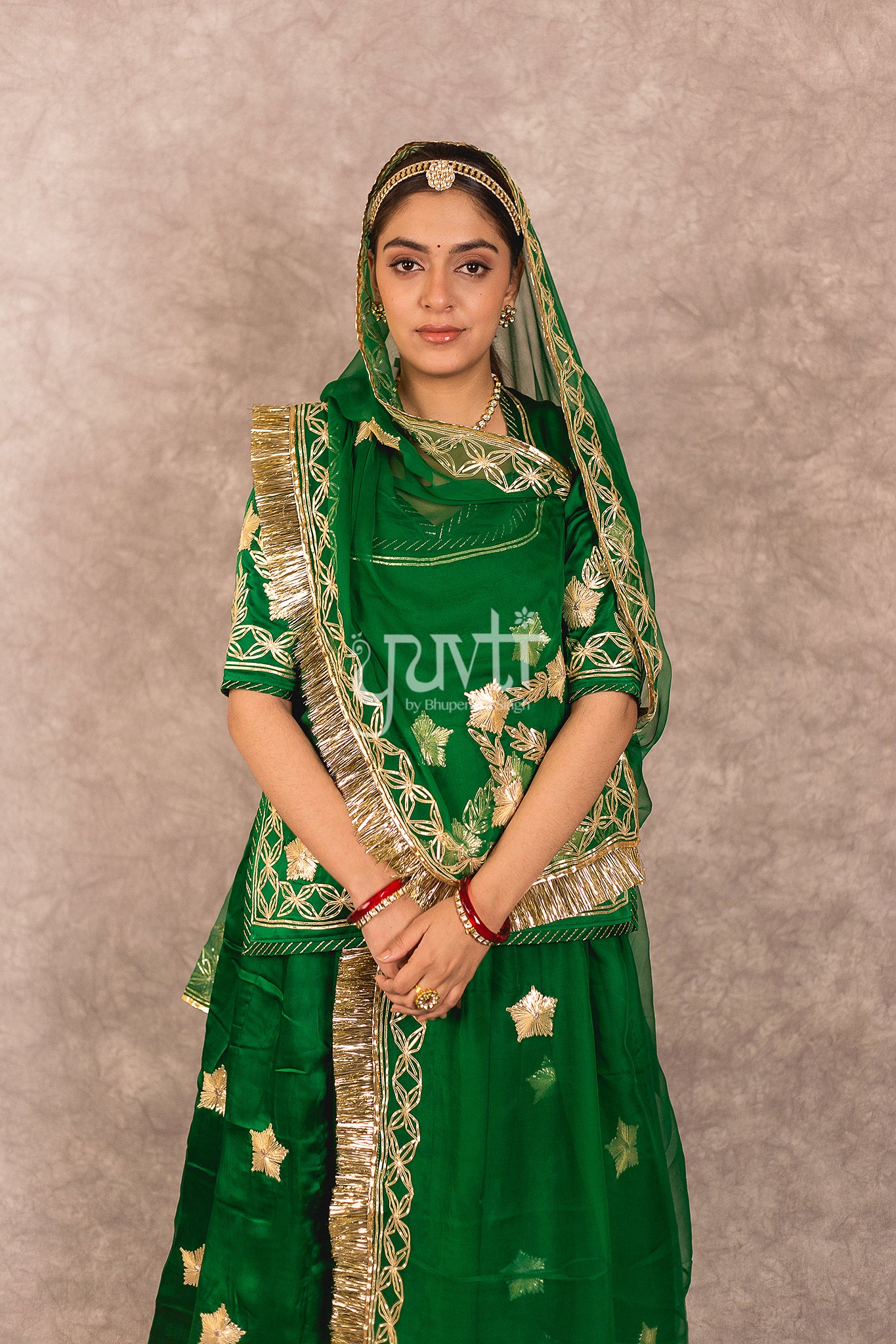 Green Bamber Satin Sikhiya Gota Work Rajputi Poshak