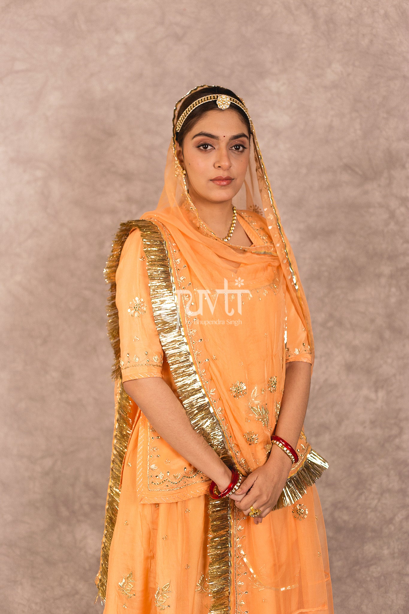 Dark Peach Crepe Kundan Work Rajputi Poshak