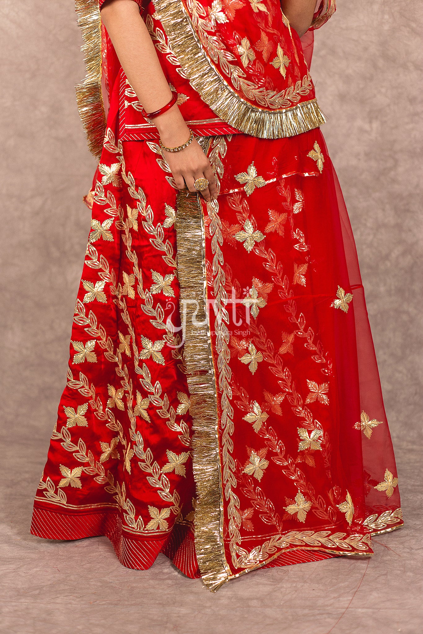 Red Bamber Satin Sikhiya Gota Work Rajputi Poshak