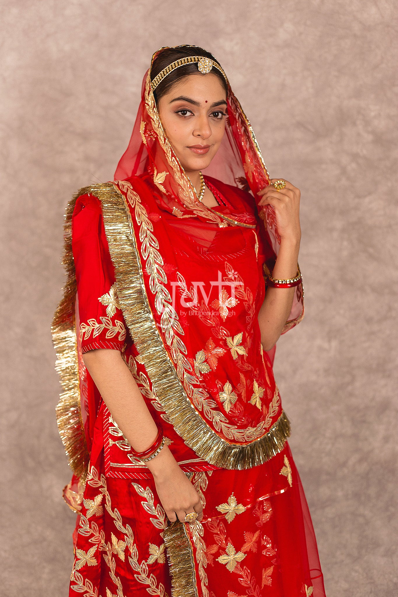 Red Bamber Satin Sikhiya Gota Work Rajputi Poshak