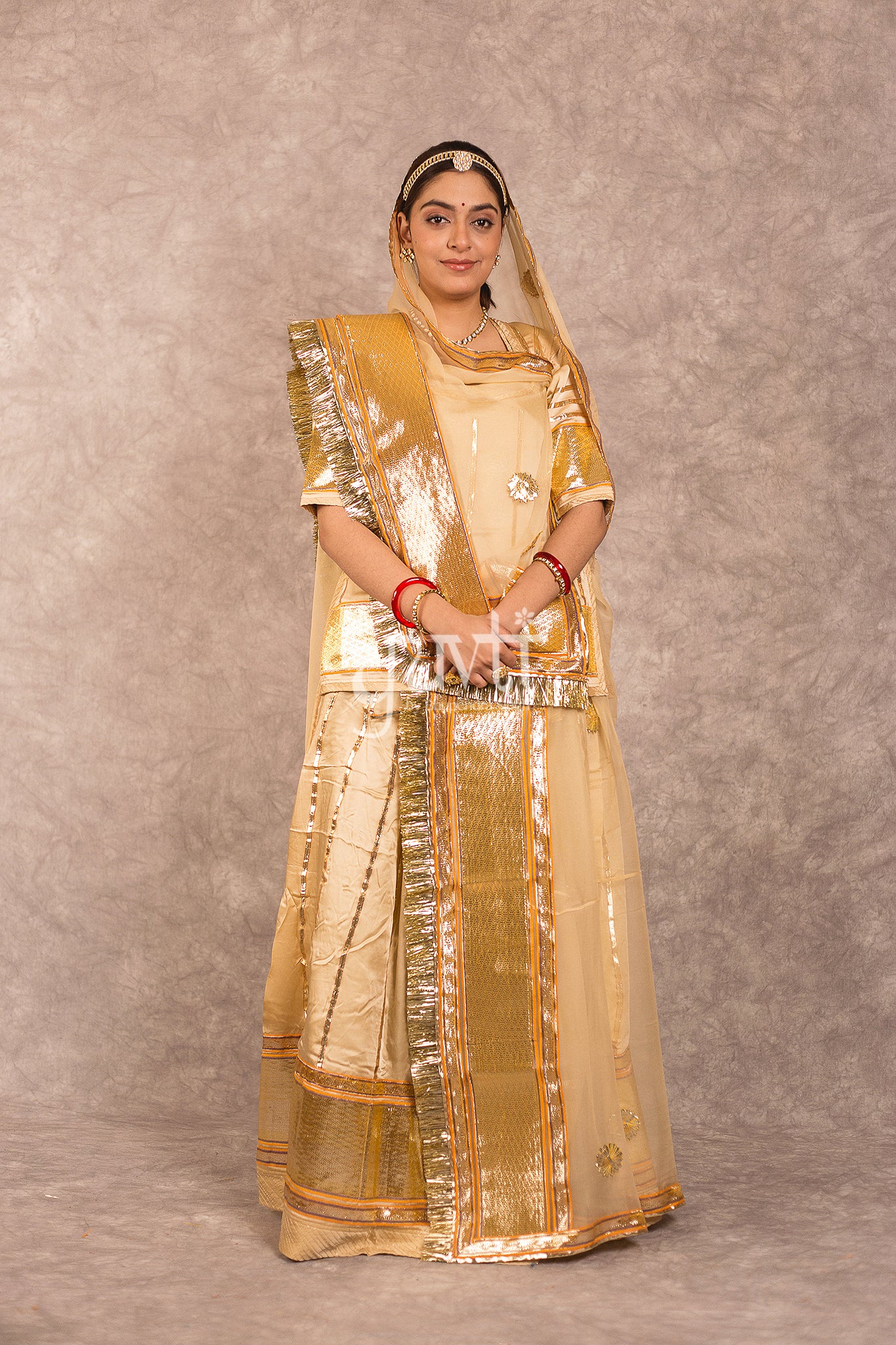 Beige Bamber Satin Laffa Gota Work Rajputi Poshak