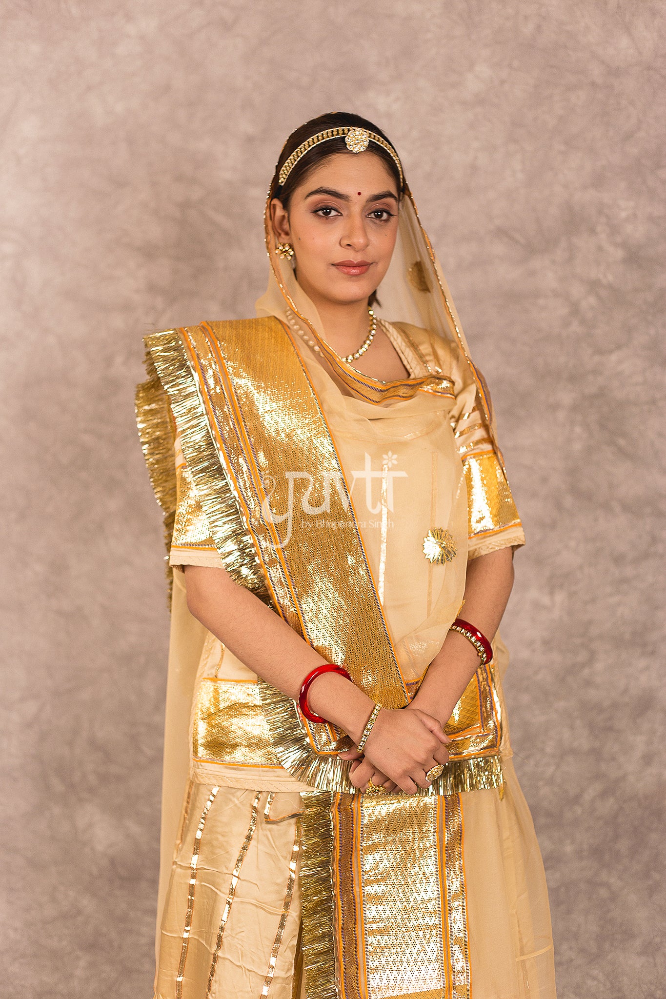 Beige Bamber Satin Laffa Gota Work Rajputi Poshak