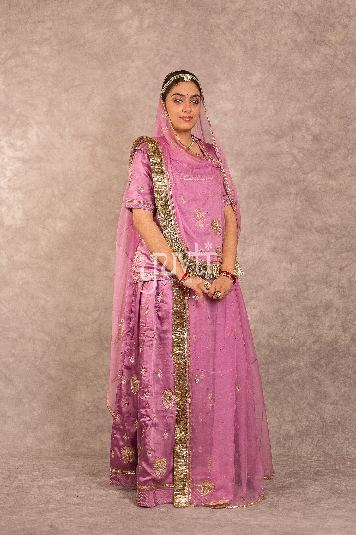 Mof Light Wine Bamber Satin Aari sequins Booti work Rajputi Poshak