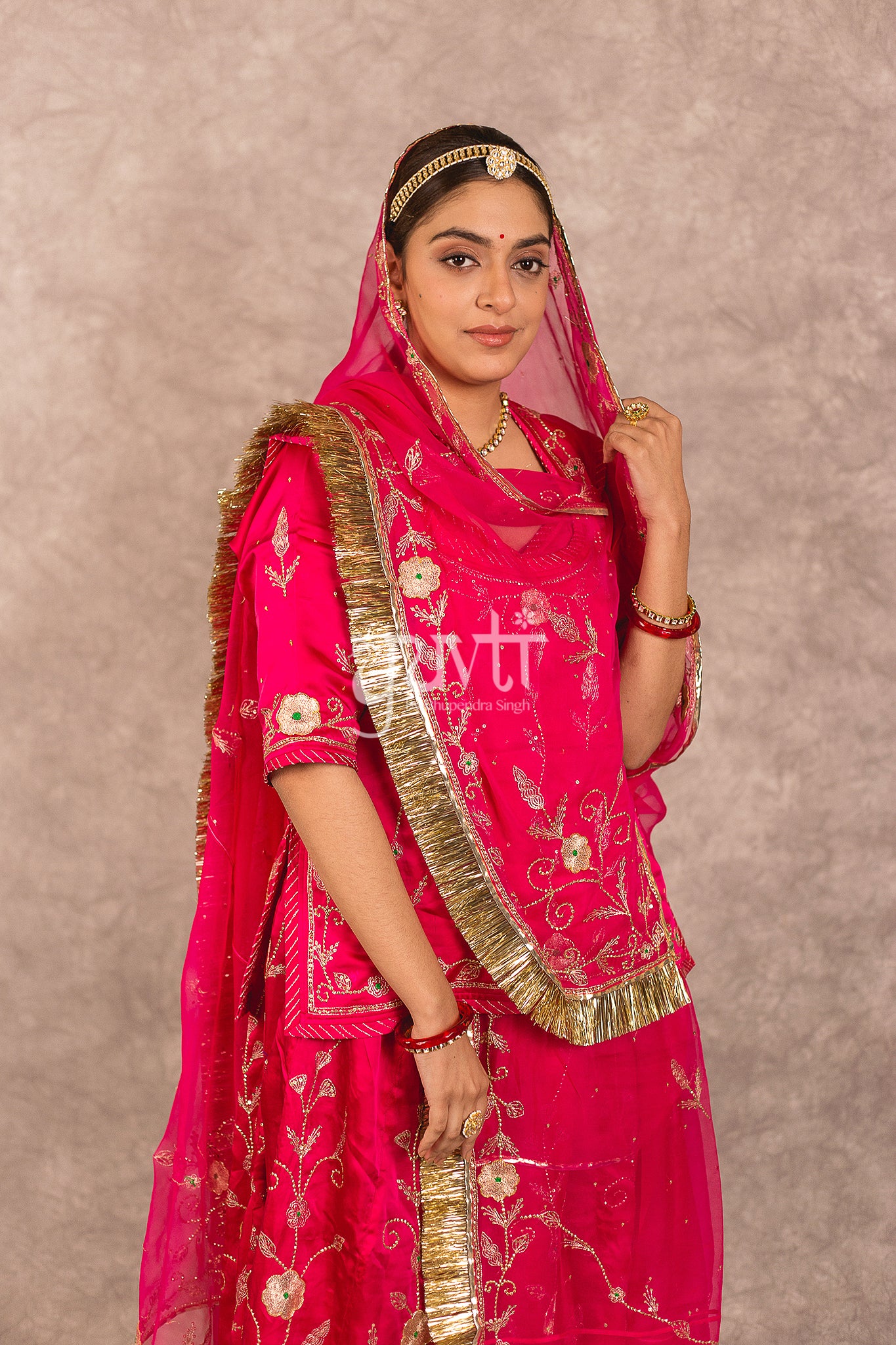 Rani Pink Bamber Satin Aari Katori Jaal work Rajputi Poshak