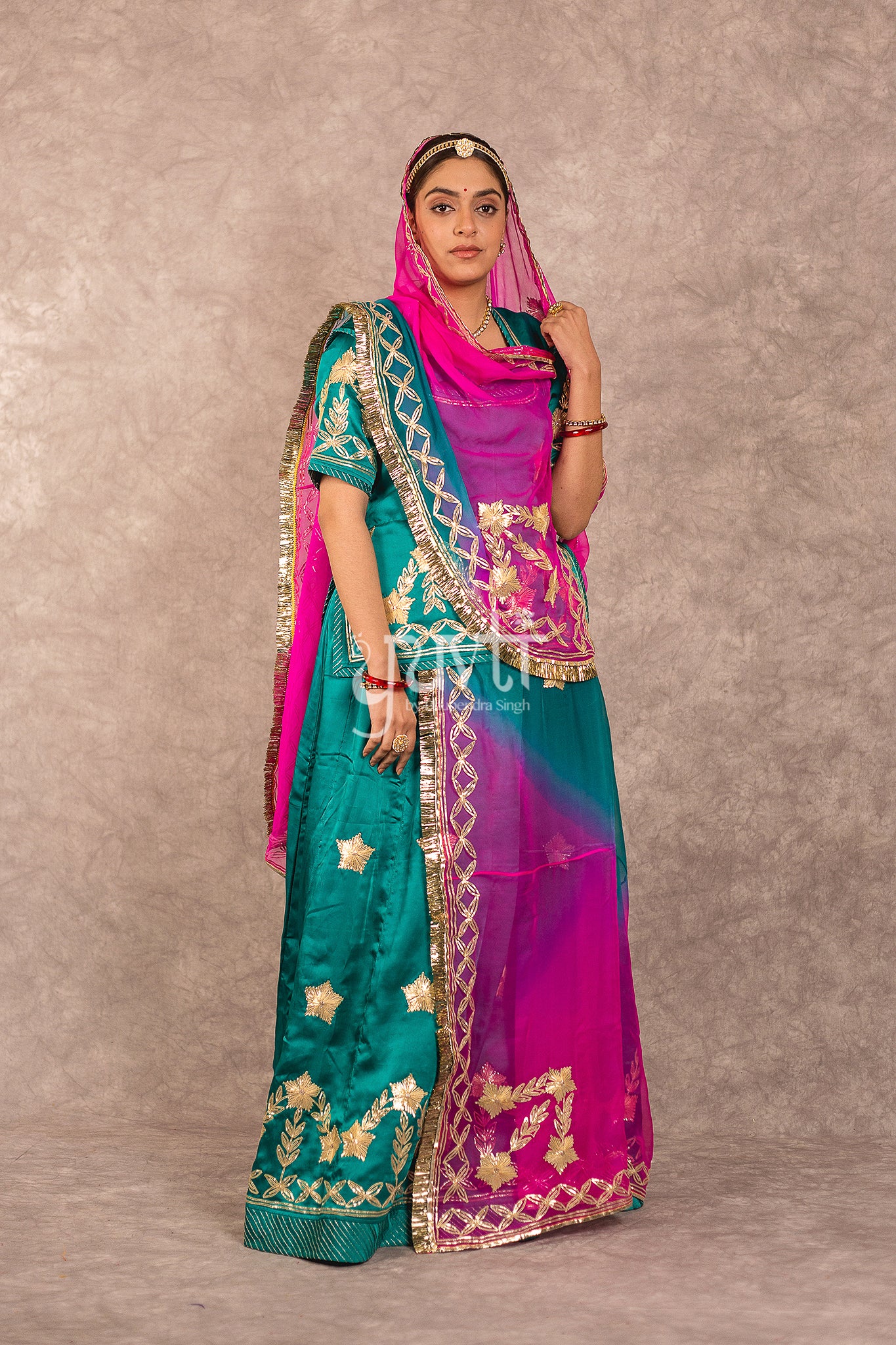 Rama Bamber Satin Sikhiya Gota work Rajputi Poshak with Multi Shaded Odhana