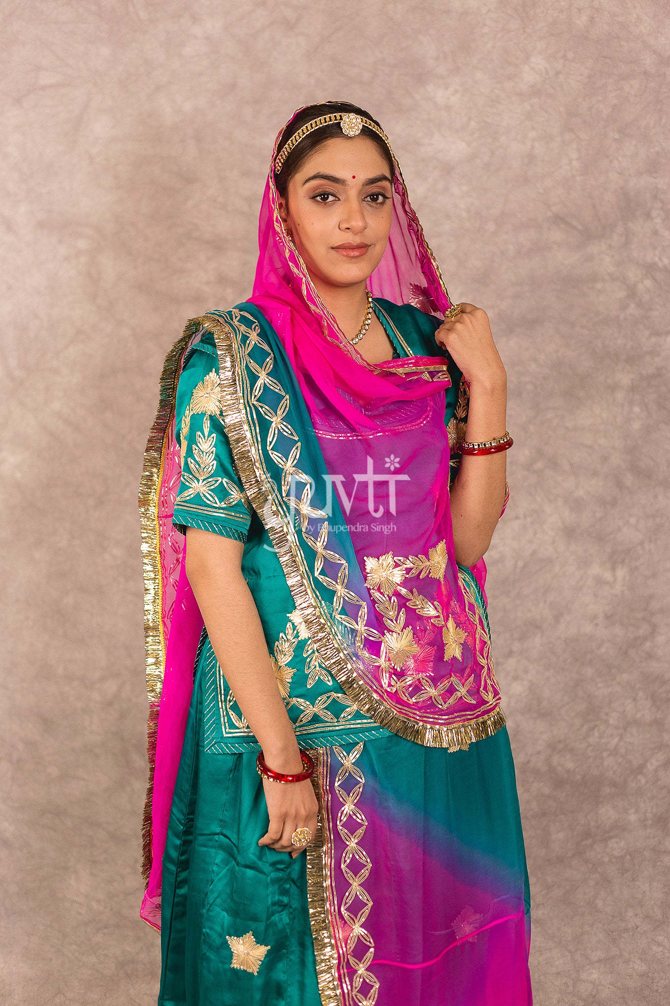 Rama Bamber Satin Sikhiya Gota work Rajputi Poshak with Multi Shaded Odhana