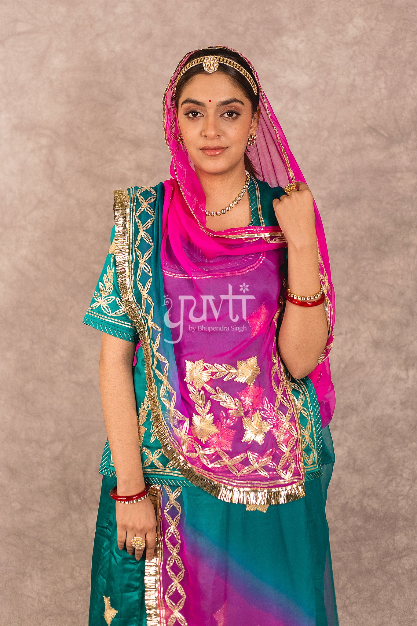 Rama Bamber Satin Sikhiya Gota work Rajputi Poshak with Multi Shaded Odhana