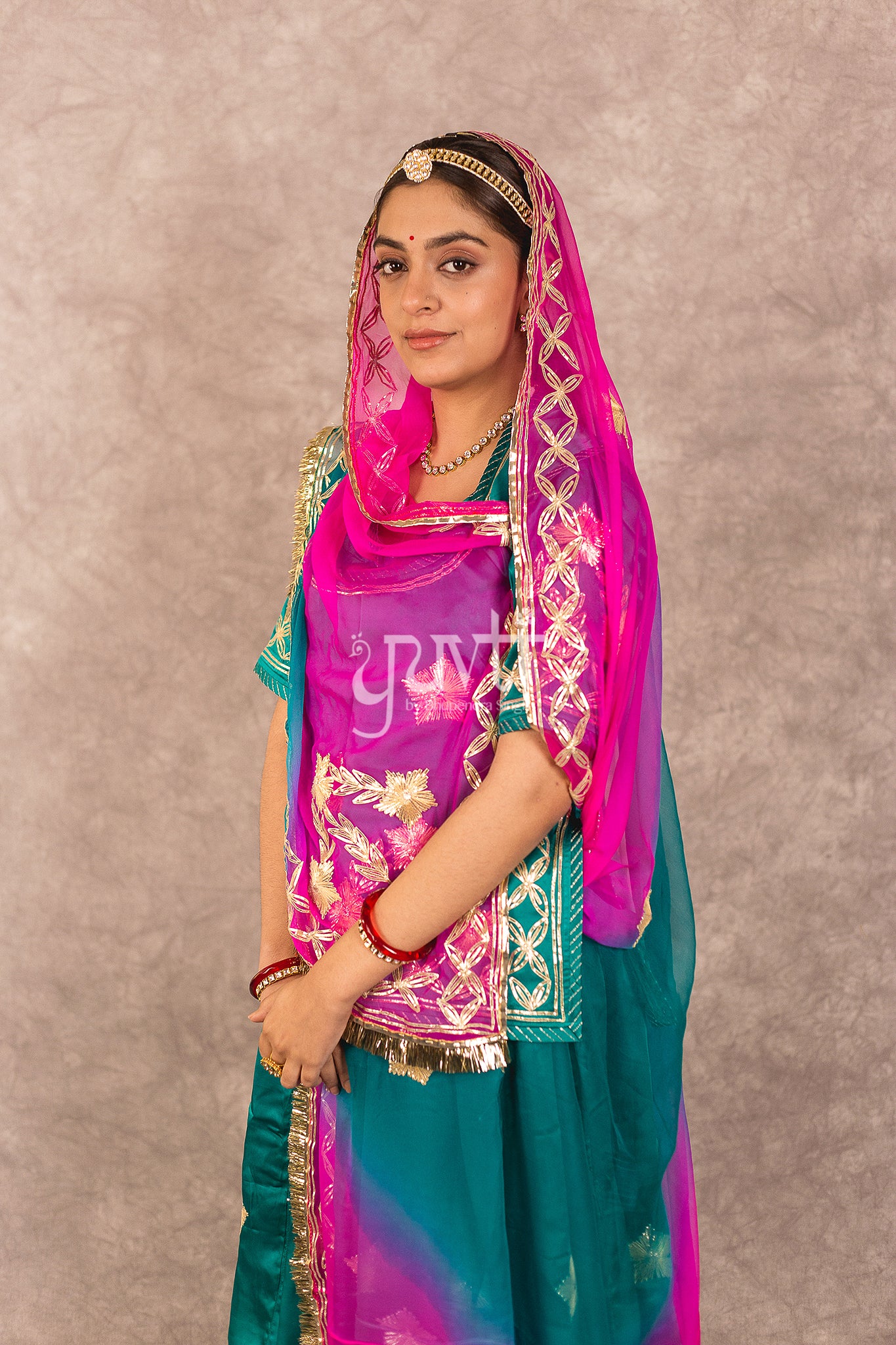 Rama Bamber Satin Sikhiya Gota work Rajputi Poshak with Multi Shaded Odhana