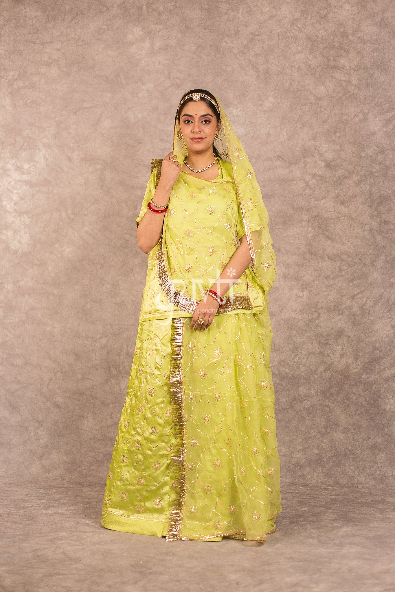 Pista Green Bamber Satin Sikhiya Jaal Work Rajputi Poshak