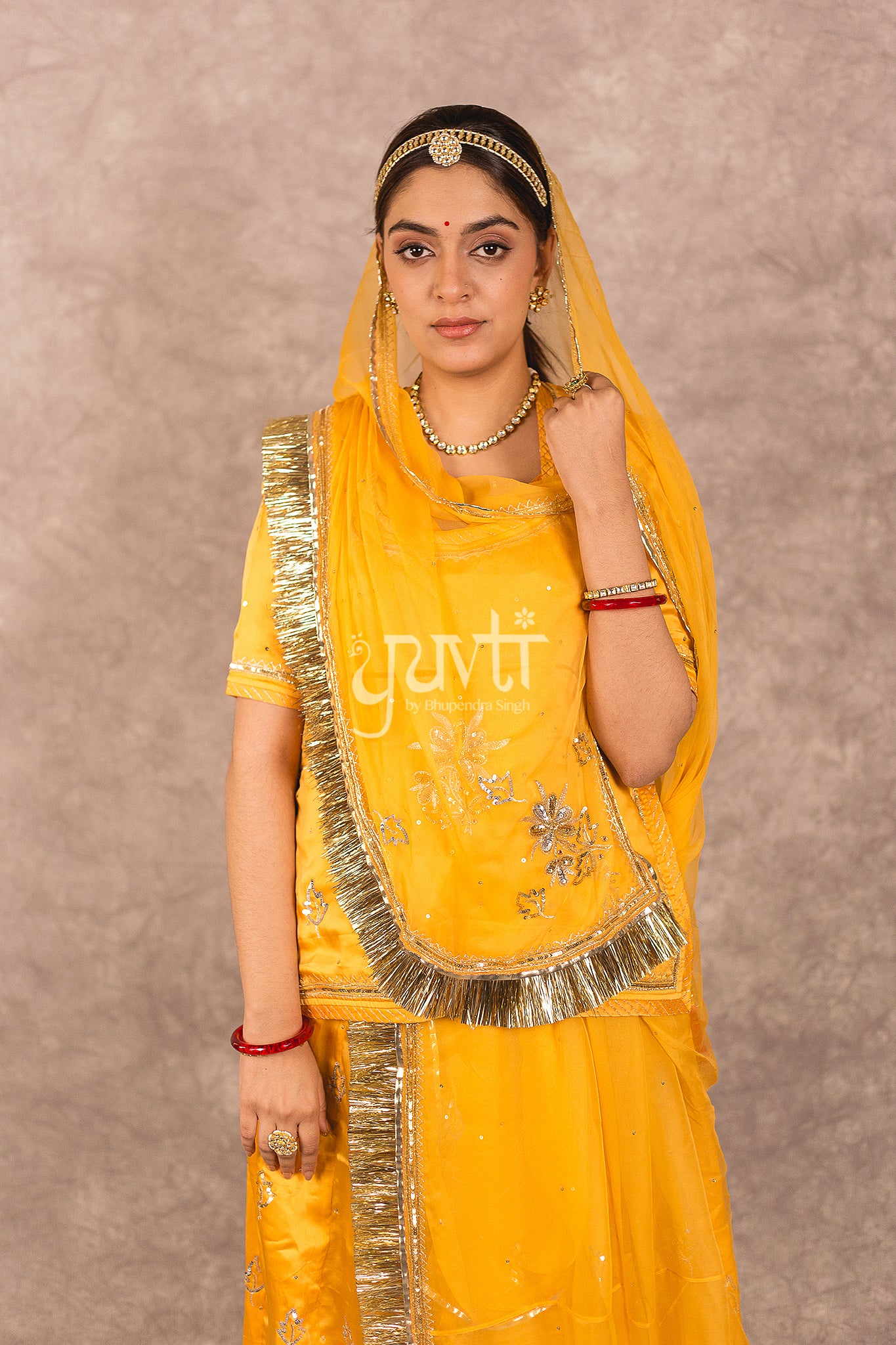 Yellow Bamber Satin Aari Sequins Boota work Rajputi Poshak