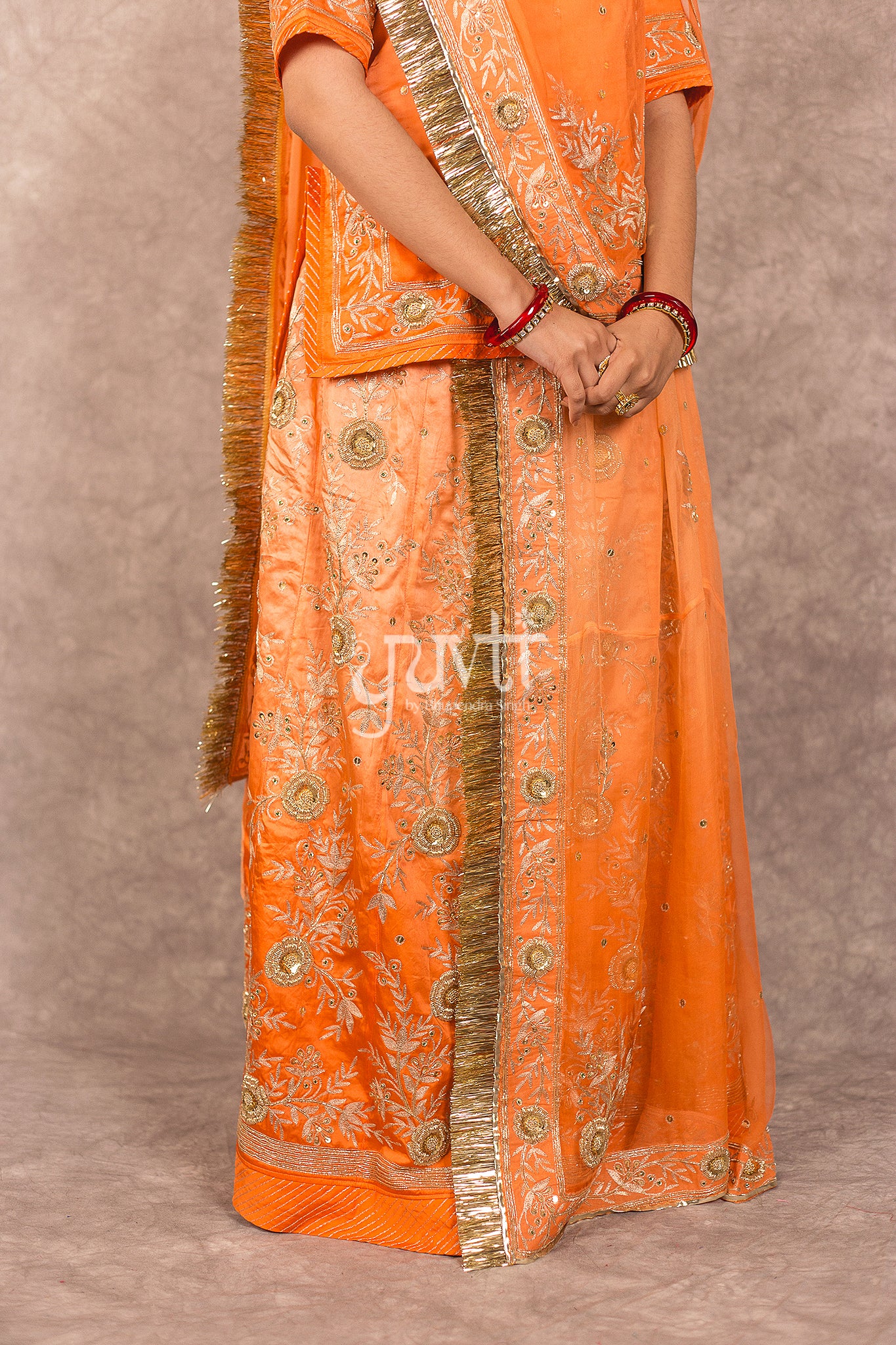 Orange Bamber Satin Aari Zardosi Workk Rajputi Poshak