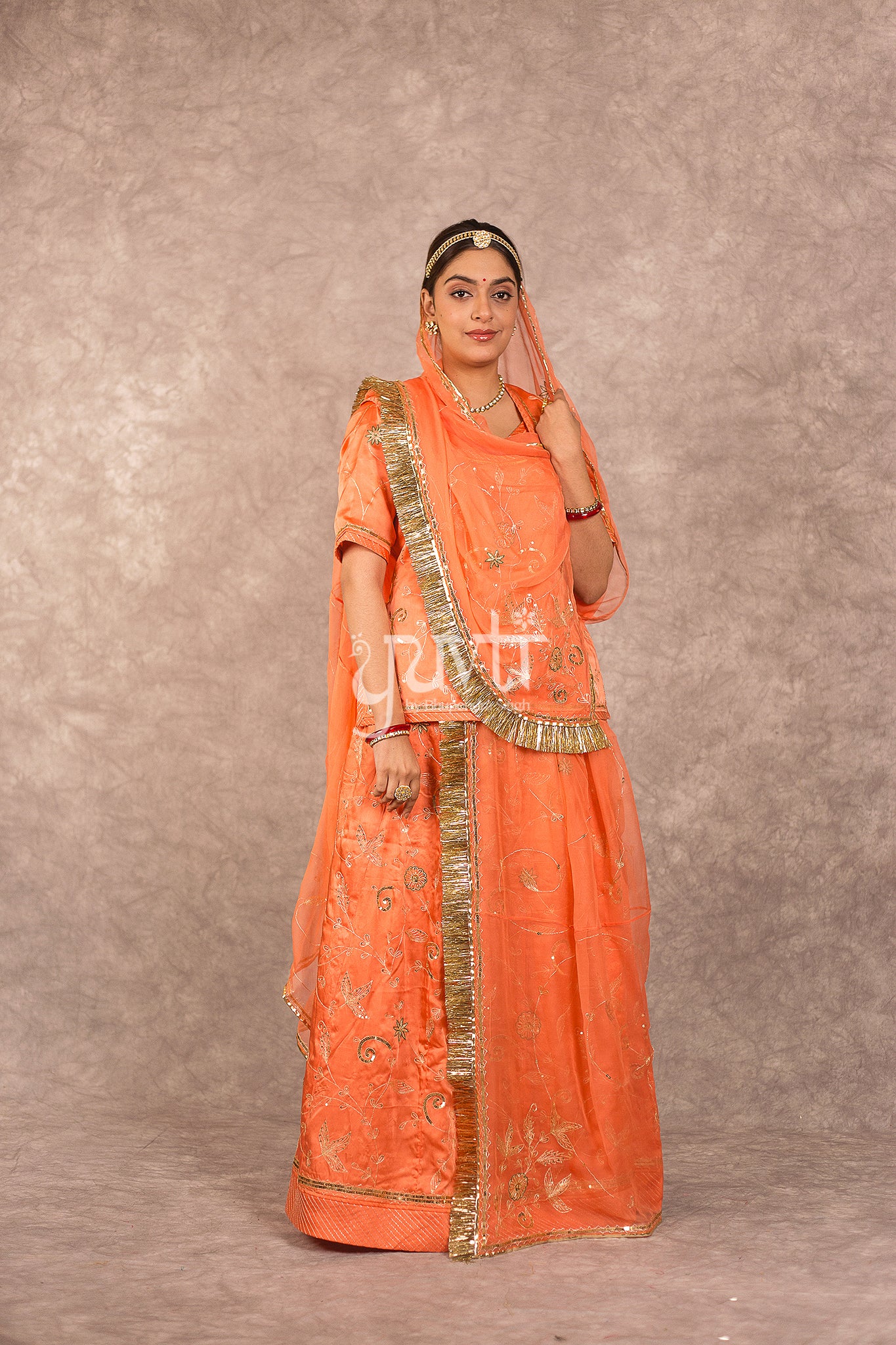 Orange Bamber Satin Aari Sequins Work Rajputi Poshak