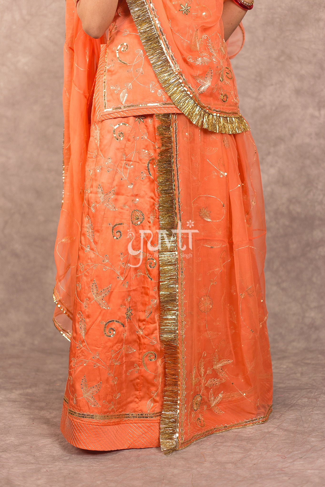 Orange Bamber Satin Aari Sequins Work Rajputi Poshak