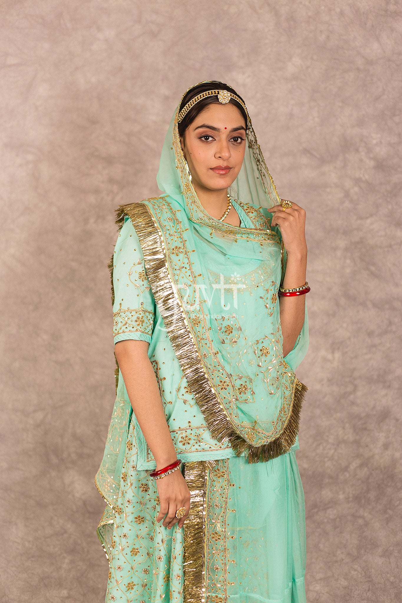 Sea Green Pure Georgette Kundan Dori Jaal Zardosi Highlight Rajputi Poshak