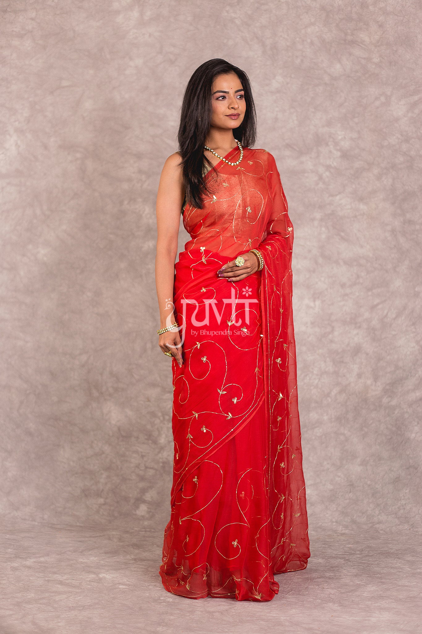 Red Viscose Chiffon Aari Sequins Jaal Work Saree