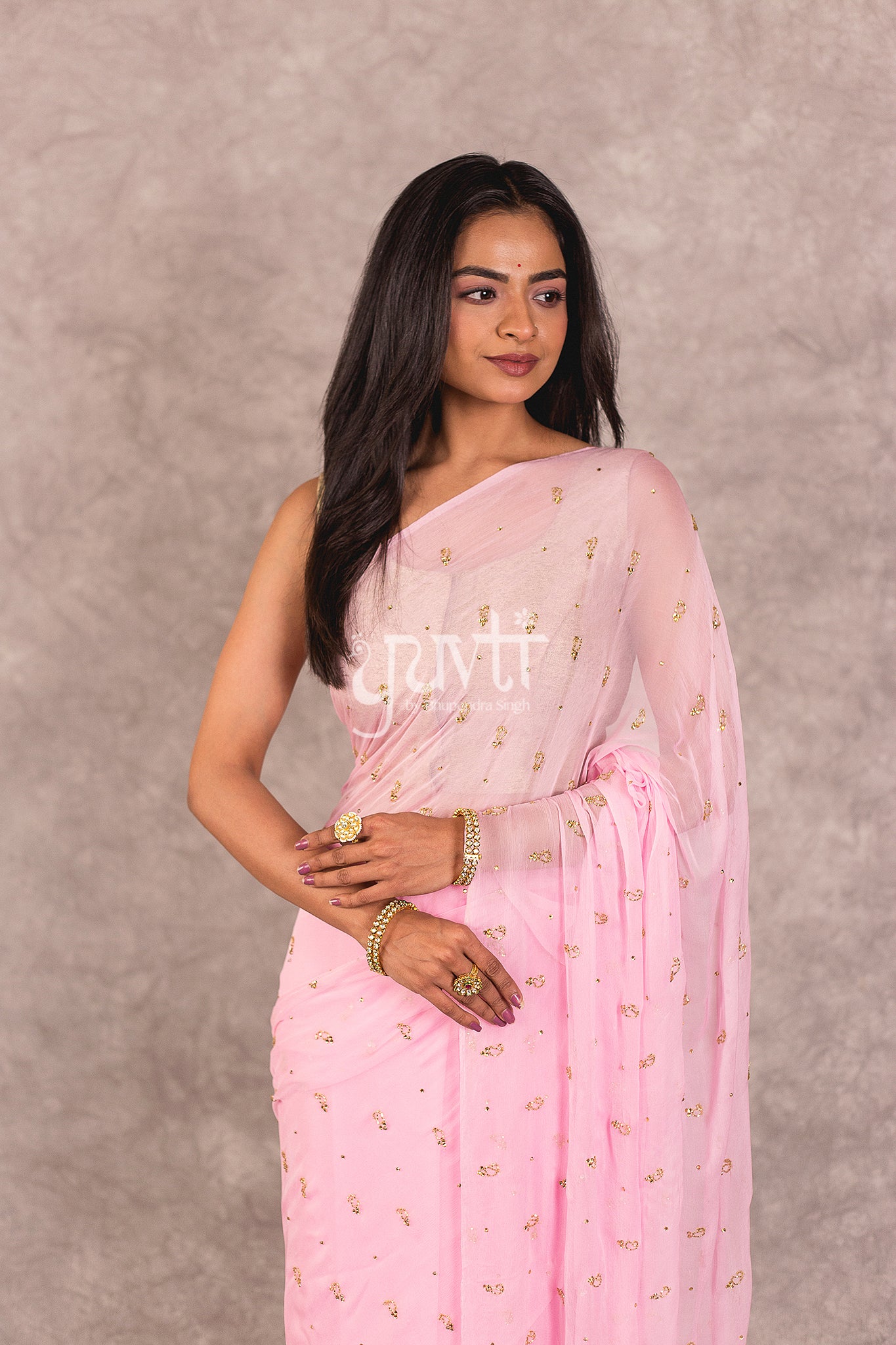 Pink Viscose Chiffon Kardhana Kundan Work Saree