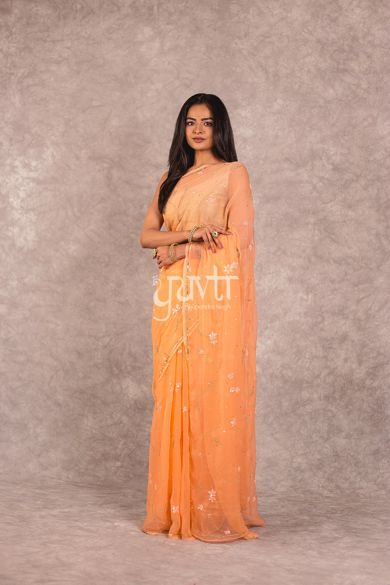 Peach Viscose Chiffon Aari Sequins Jaal Work Saree