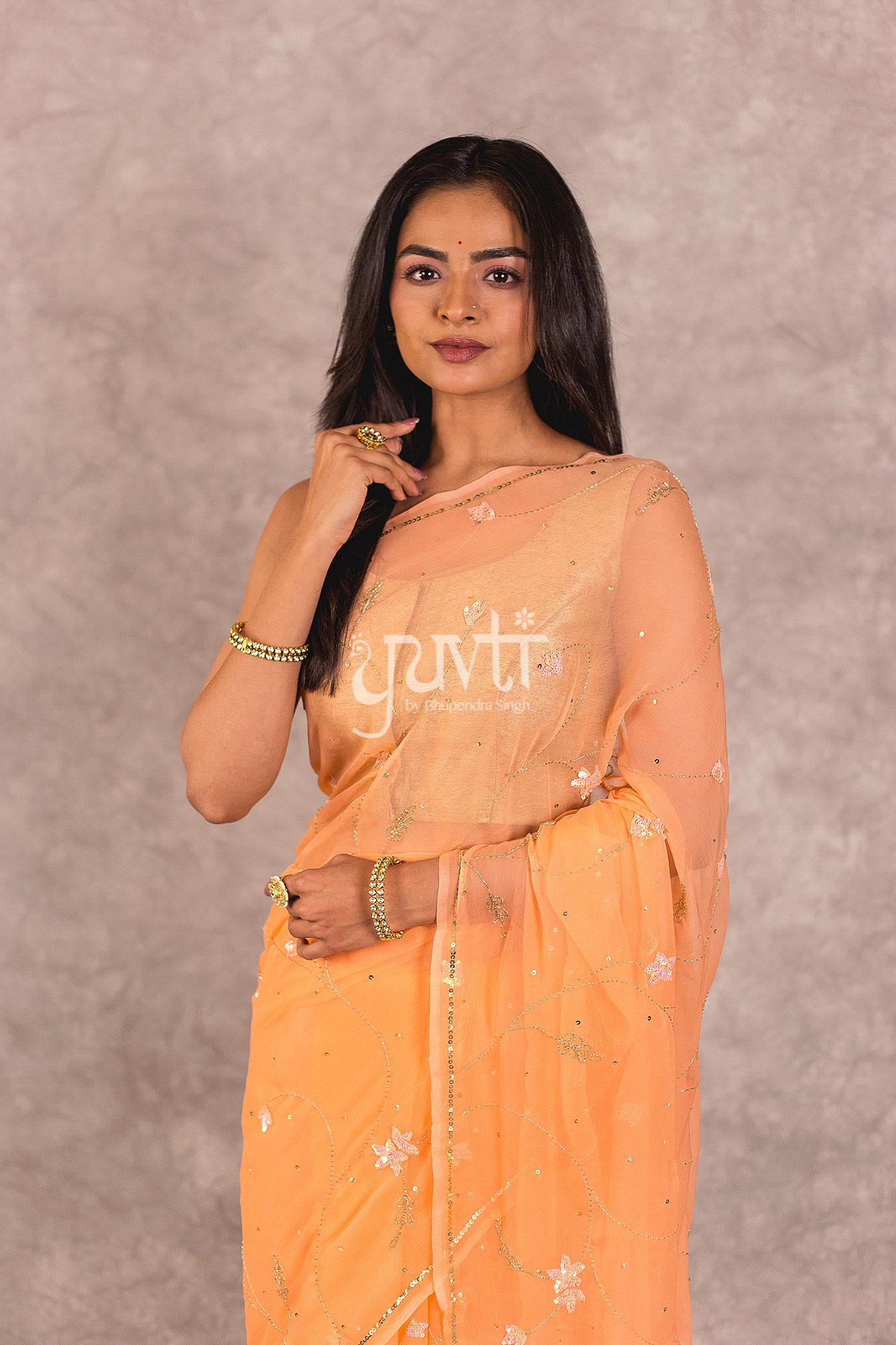 Peach Viscose Chiffon Aari Sequins Jaal Work Saree