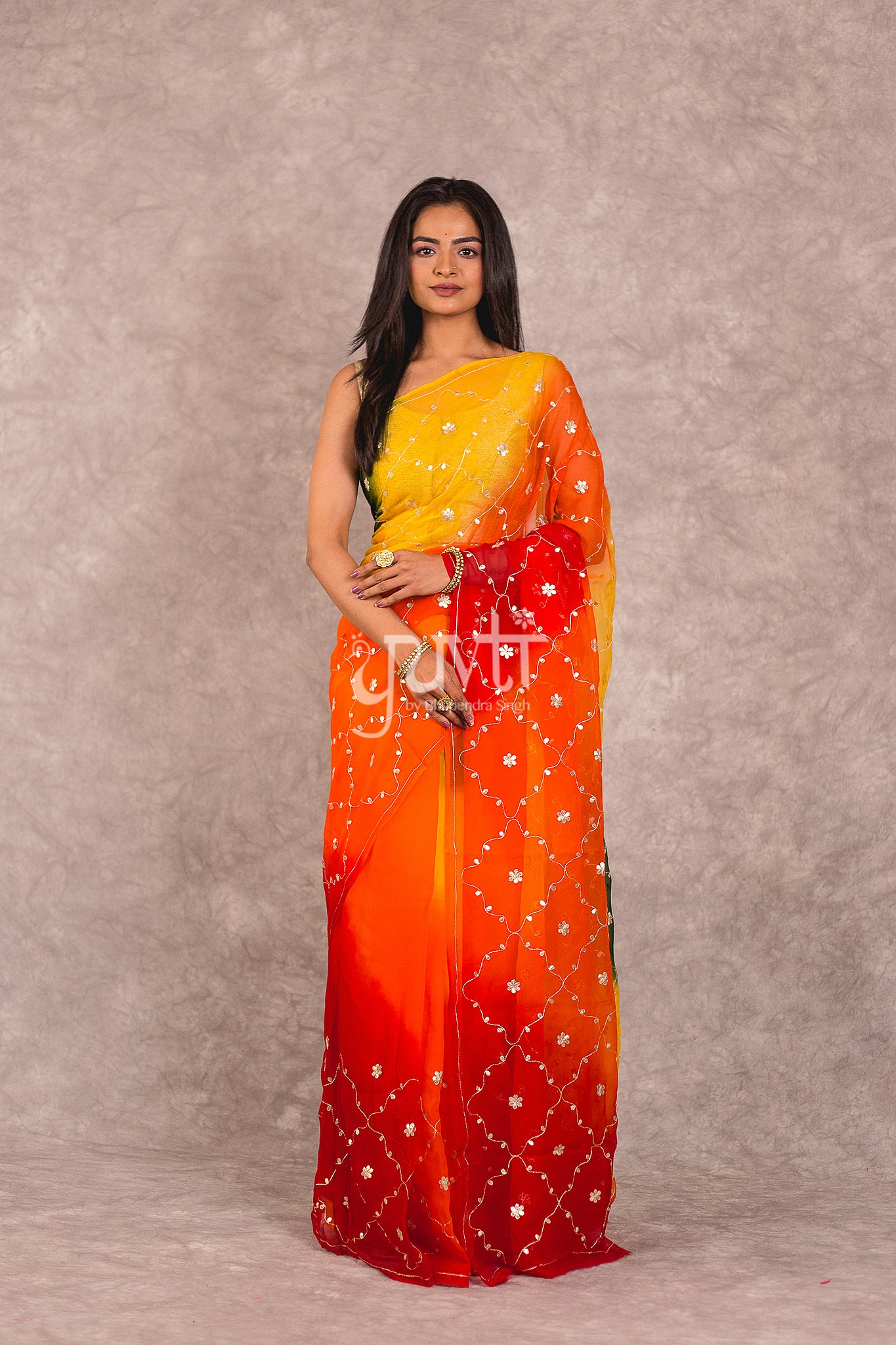 Multi Colour Shaded Gota patti Work Saree