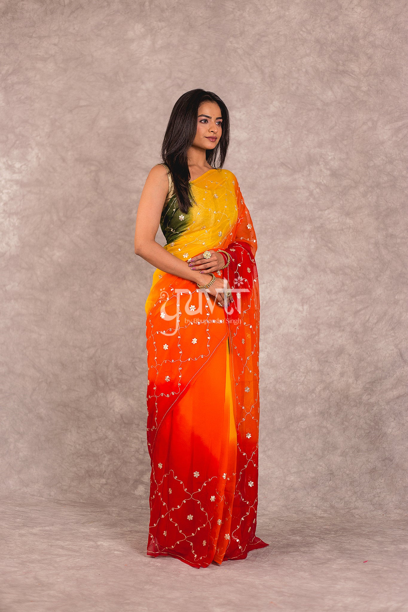 Multi Colour Shaded Gota patti Work Saree
