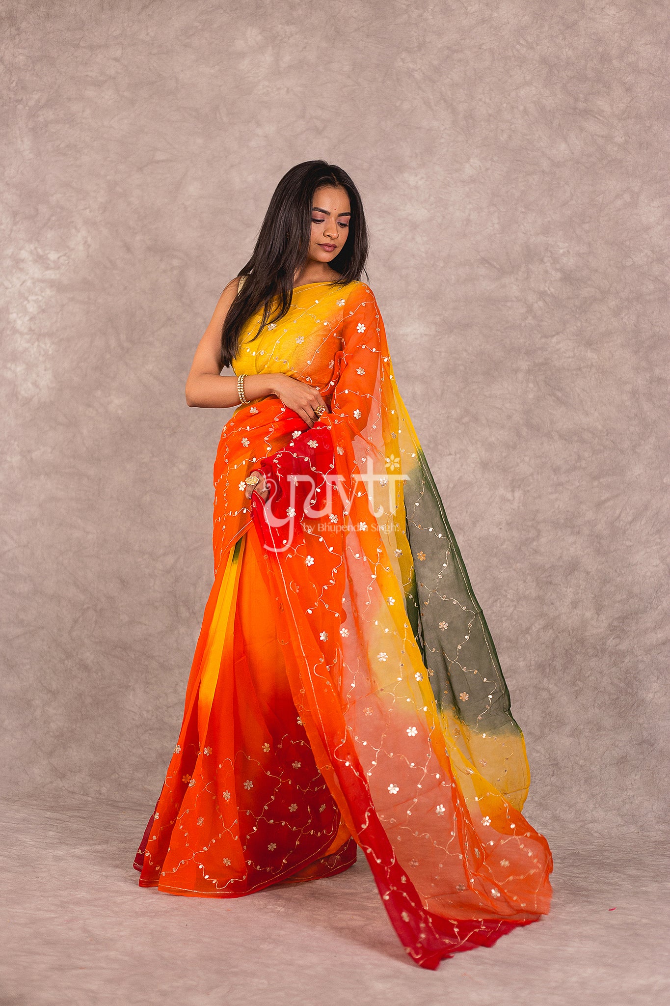 Multi Colour Shaded Gota patti Work Saree
