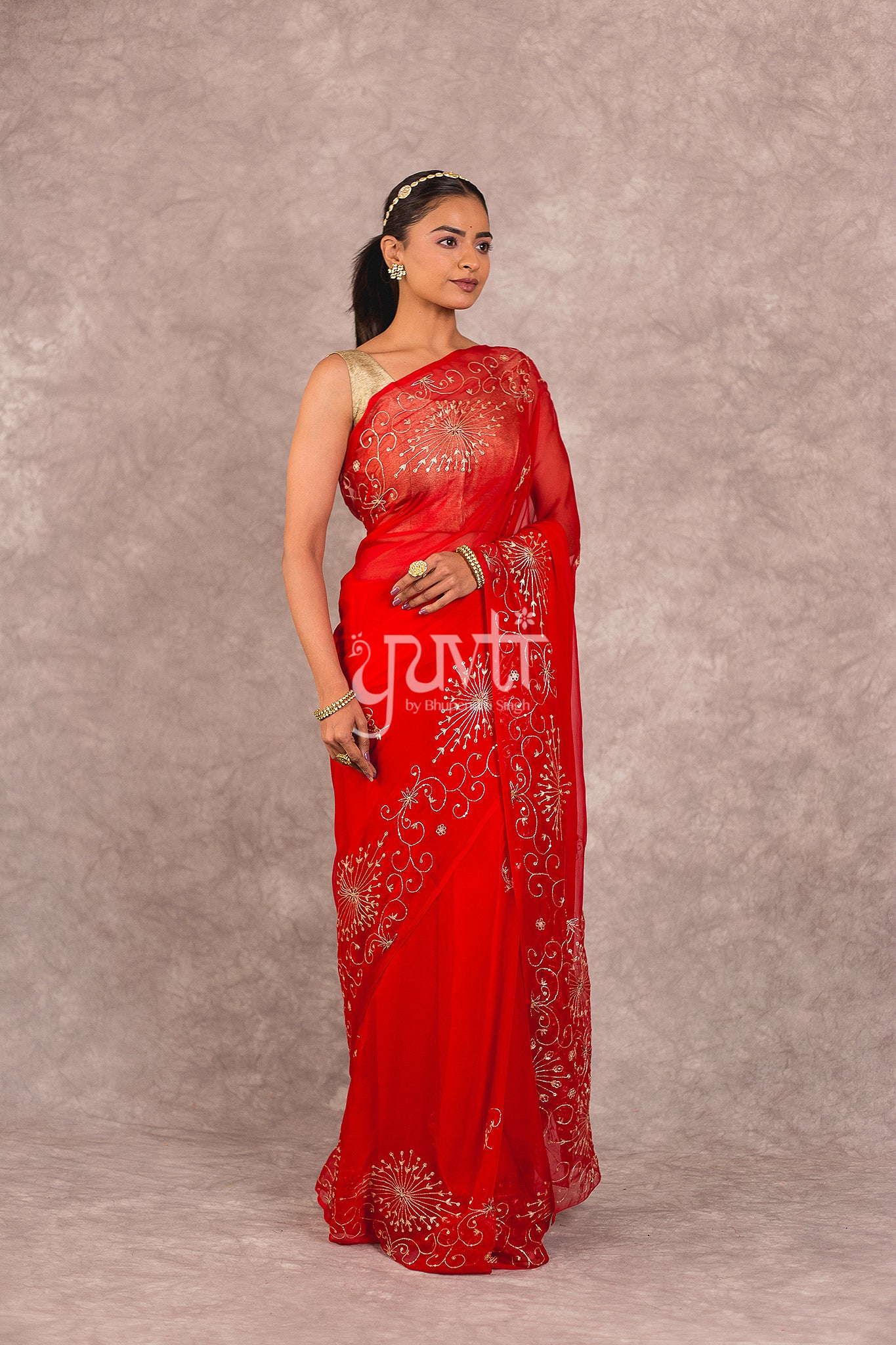 Red Viscose Chiffon Aari Resham Work Saree