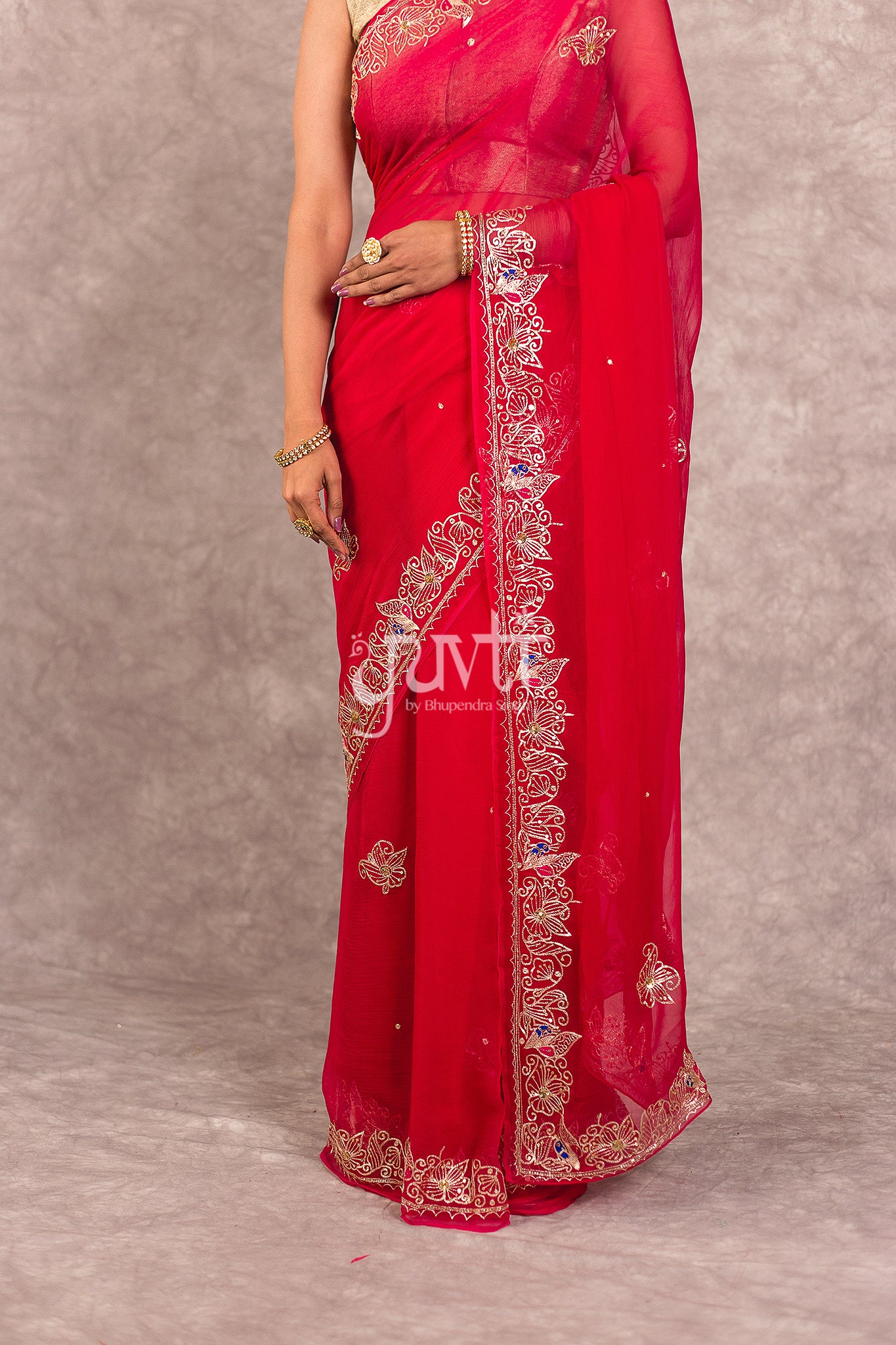 Red Viscose Chiffon Aari Sequins Work Saree
