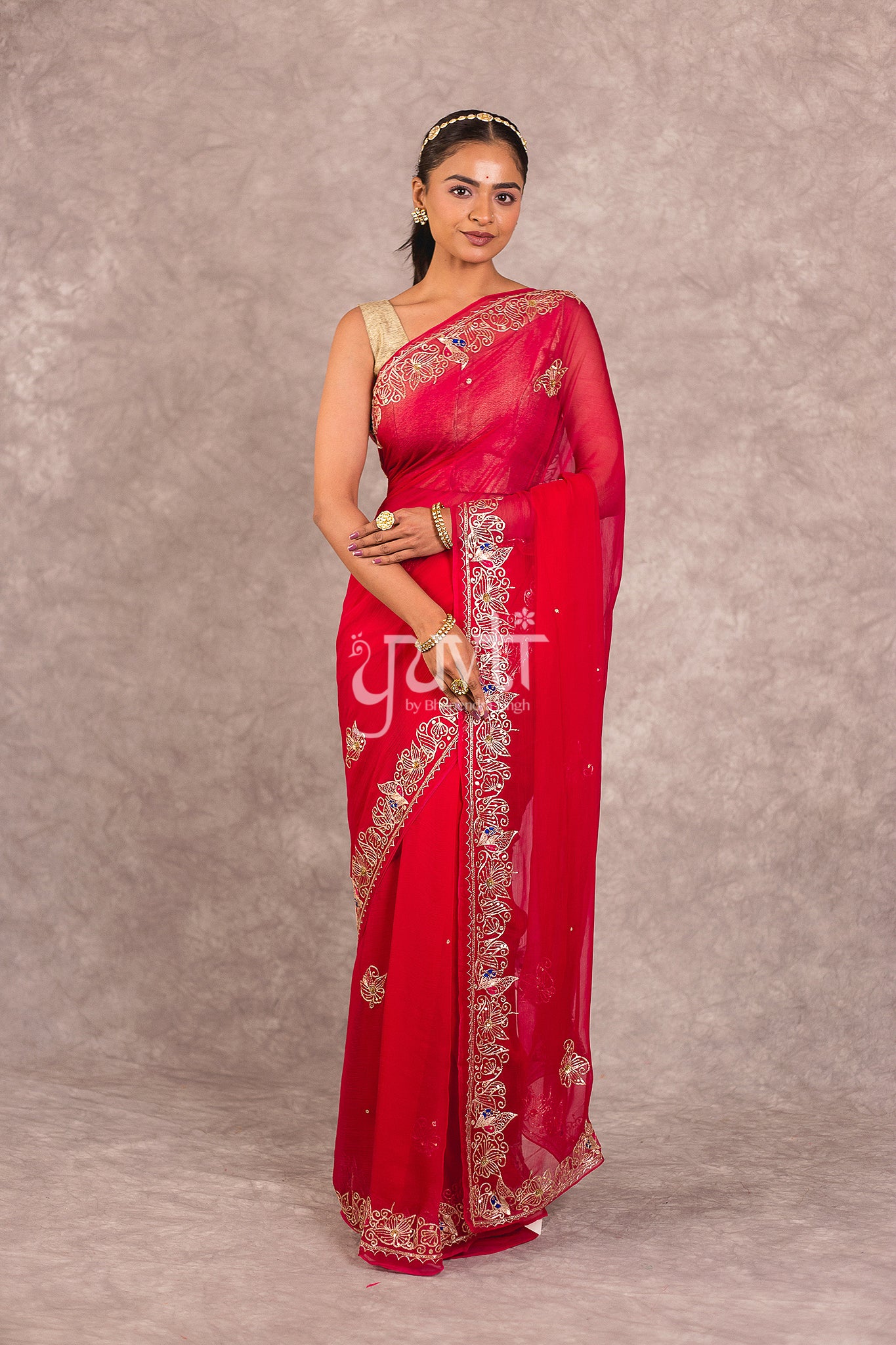 Red Viscose Chiffon Aari Sequins Work Saree